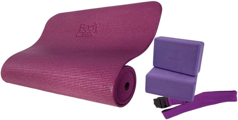 Body Sport 4-Piece Yoga Kit, (1) 72 in. x 1/4 in. Fitness Mat, (2) Purple Blocks, (1) 6 ft. Exercise Strap – Beginner Set for Home Fitness & Gym Workouts