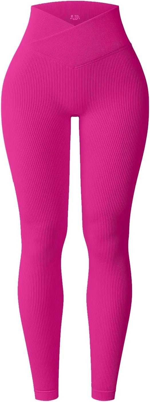 YOAKUKA Yoga Ribbed Leggings for Women High Waisted Tummy Control Seamless Butt Lifting Crossover Workout Gym Athletic Pants