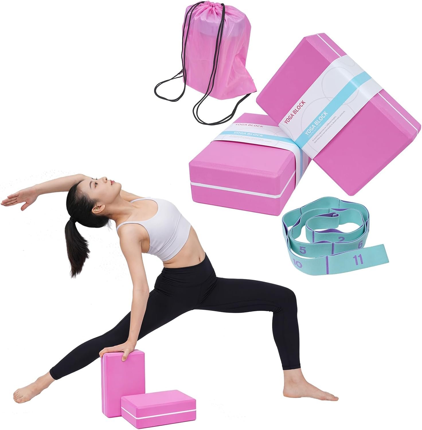 High Density Yoga Blocks 2 Pack with 11 Loops Stretch Band, 350g Non-Slip Foam Exercise Bricks for Pilates & Dance, Pink Gym Accessories with Carry Bag for Flexibility, Balance & Rehab Training