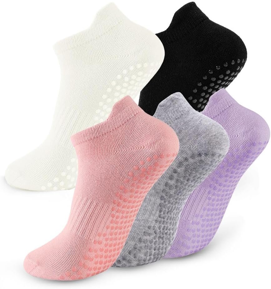 5 Pairs Pilates Socks with Grips for Women Non Slip Grip Yoga Crew Socks for Barre Hospital Barefoot