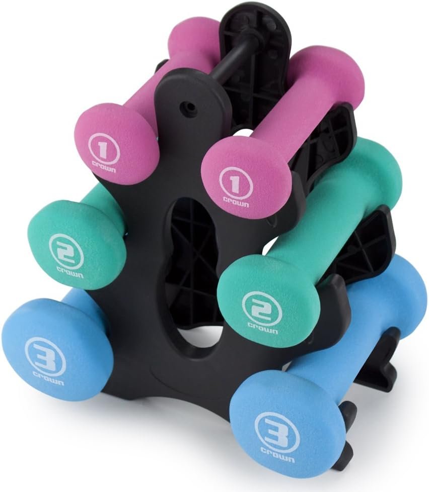 Crown Sporting Goods Hand Weights Dumbbells Set – 1, 2 and 3 lbs with Rack – Soft and Comfortable Neoprene Weights Set for Home Gym – Indoor and Outdoor Dumbbell Sets with Rack, Sprint Set
