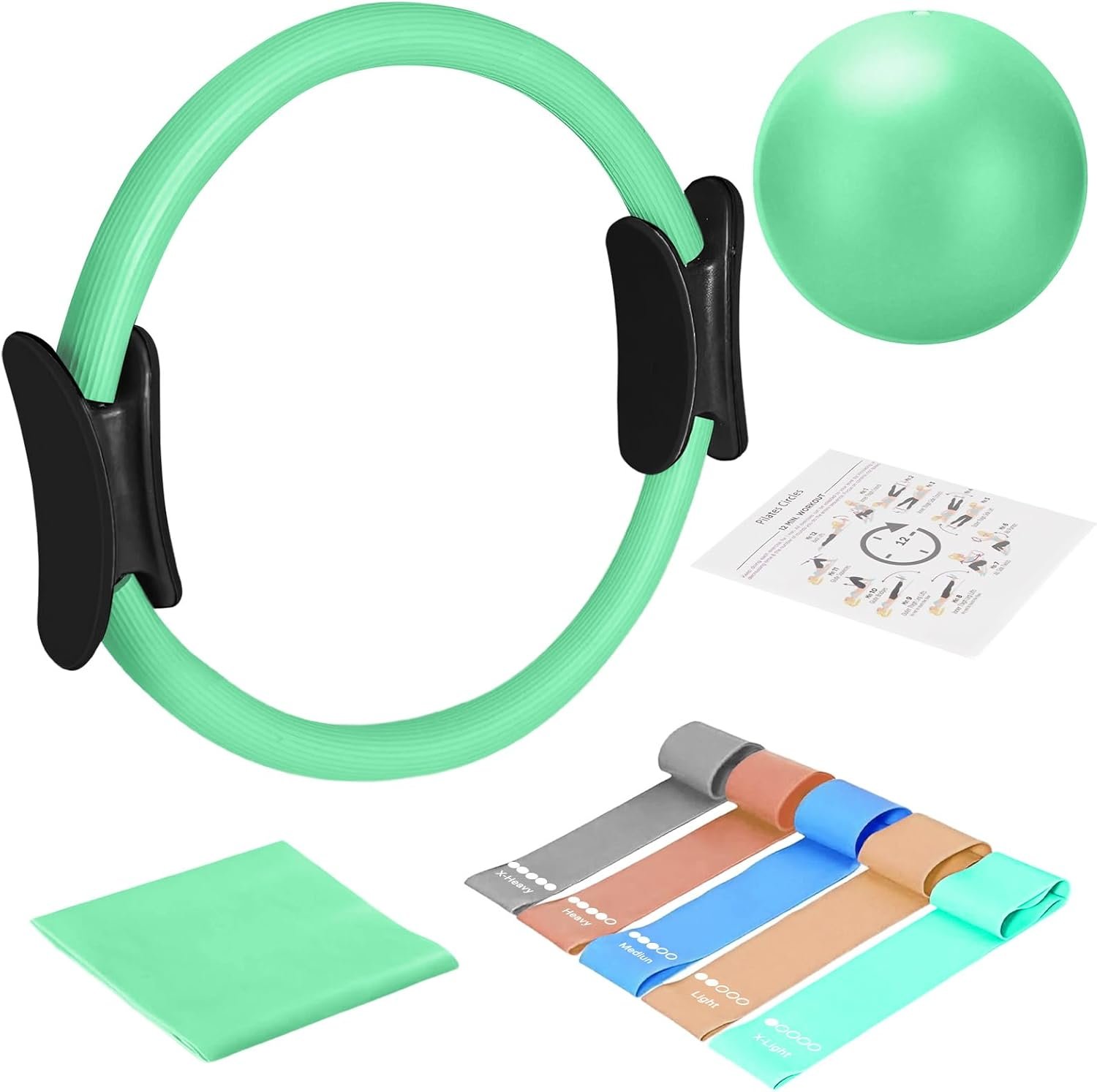 TOPZGLEEY Pilates Ring Set – 14″ Anti-Deformation Magic Circle with Padded Handles, Mini Ball, 5 Resistance Bands, Guide, Pilates Equipment for Home Workout