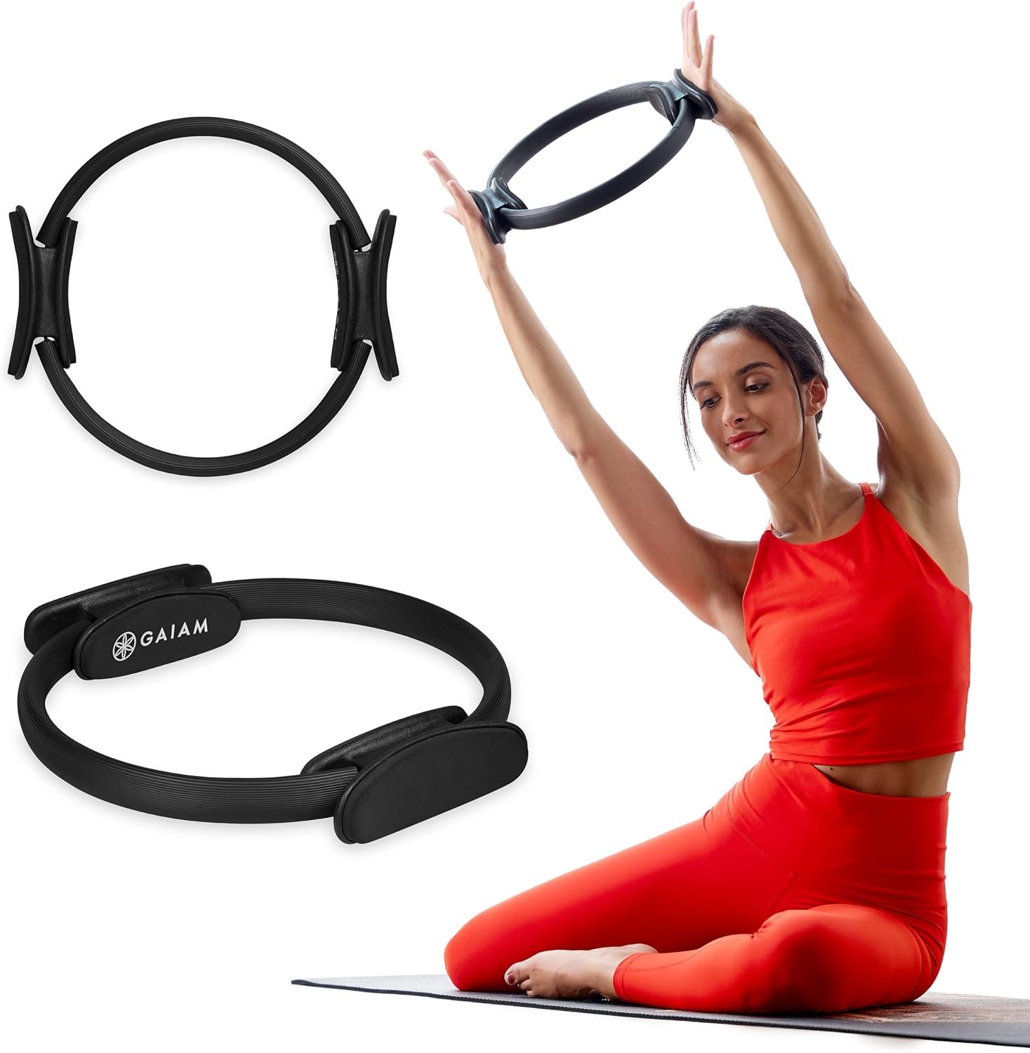 Gaiam Pilates Ring Fitness Circle, Toning Arms, Legs & Core | 15″ Magic Circle | Foam Padded Handles | Lightweight & Flexible | Home & Studio | Includes Exercise Guide