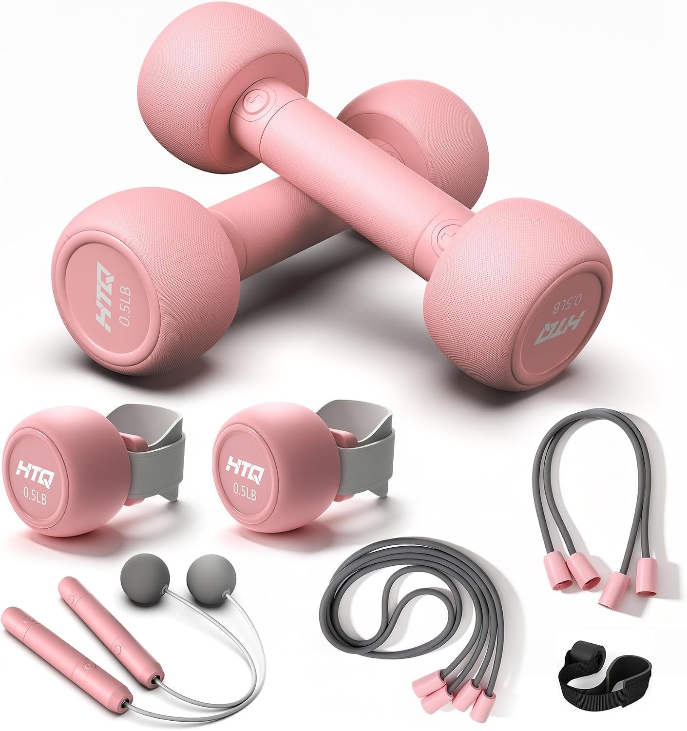 HTQ Adjustable Dumbbell Set for Women, 2-17LBS Total Plate Weight Home Workout Equipment with Kettlebell, Wrist Weights, Resistance Tube, Jump Rope, Pink/Green Free Weights Set for Women at Home