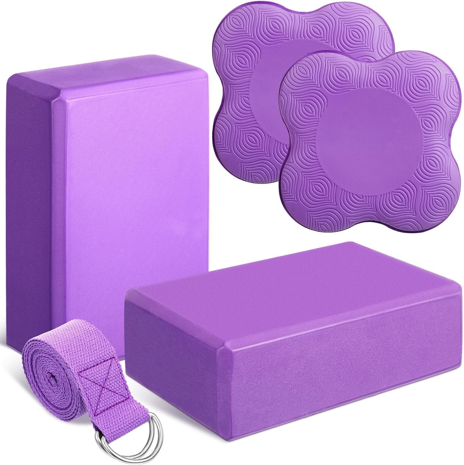 RoundFunny 5 Pcs Yoga Blocks Knee Pads Yoga Strap Set Soft Premium Foam Blocks Accessories for Pilates Meditation General Fitness Stability, Kneeling, Balance, Deepen Stretches and Toning
