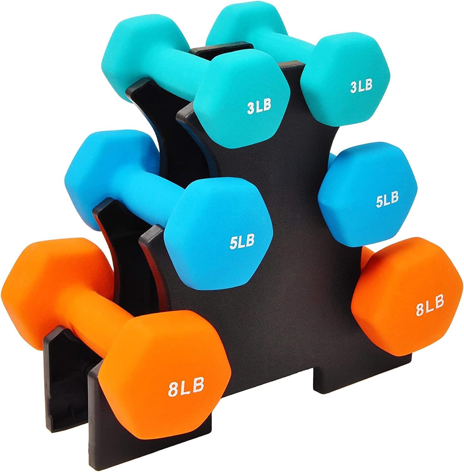Fitvids 32LB Colored Neoprene Coated Dumbbell Set with Stand 3, 5, 8 lbs Pairs, Set of 6 with Rack