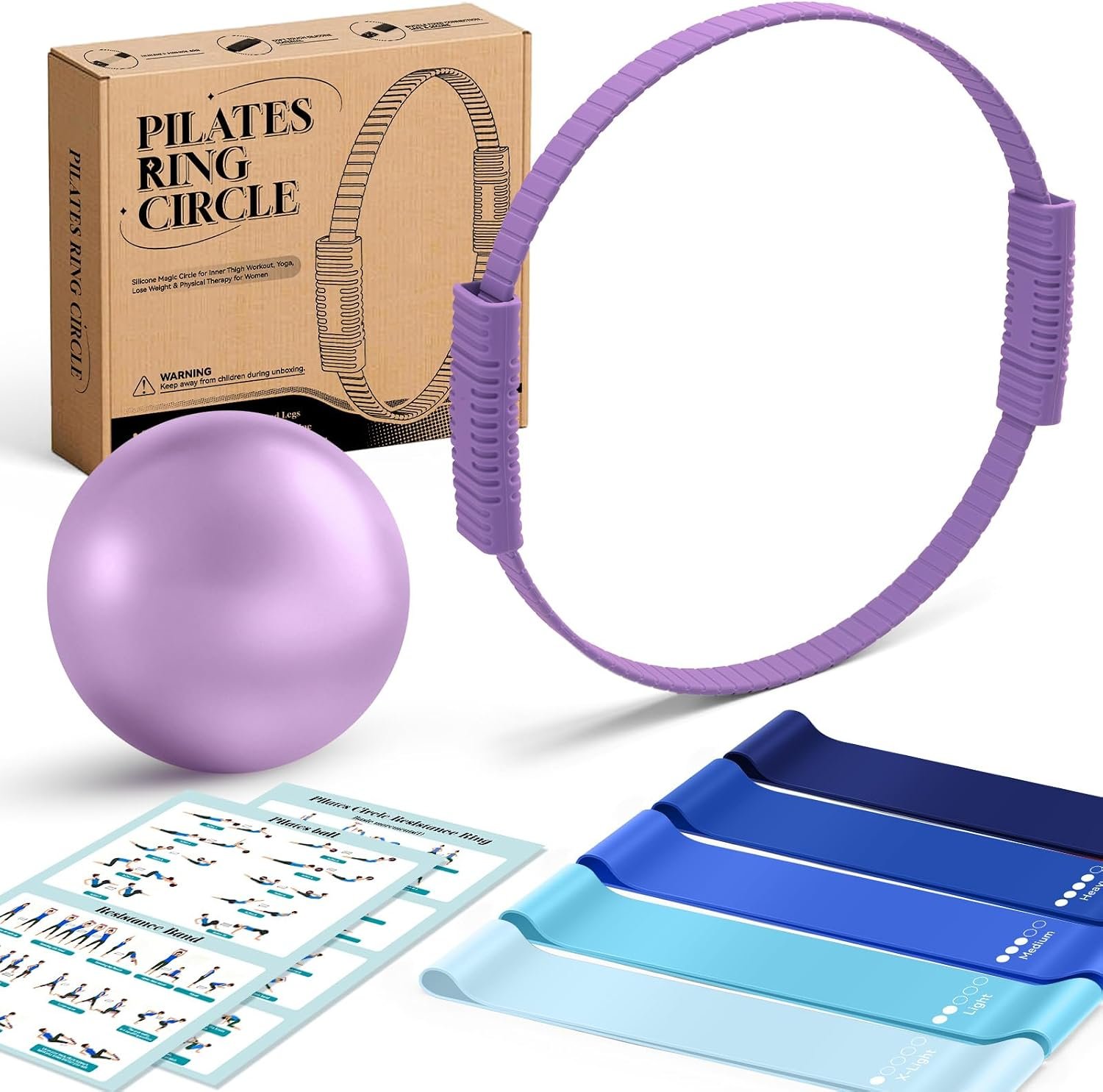 Pilates Kit, 13.5″ Pilates Ring with Mini Ball & Resistance Bands | Home Pilates Equipmen Set, Magic Circle Ring with Anti-Slip Handles for Beginners, Workout Guide Included