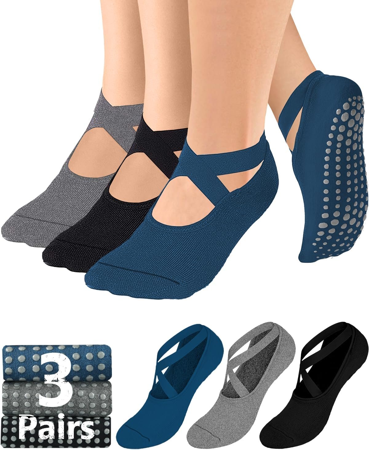 AURUZA Pilates Grip Socks for Women Non Slip Skid Yoga Socks with Grips Straps for Ballet Dance Workout Gripper Sock