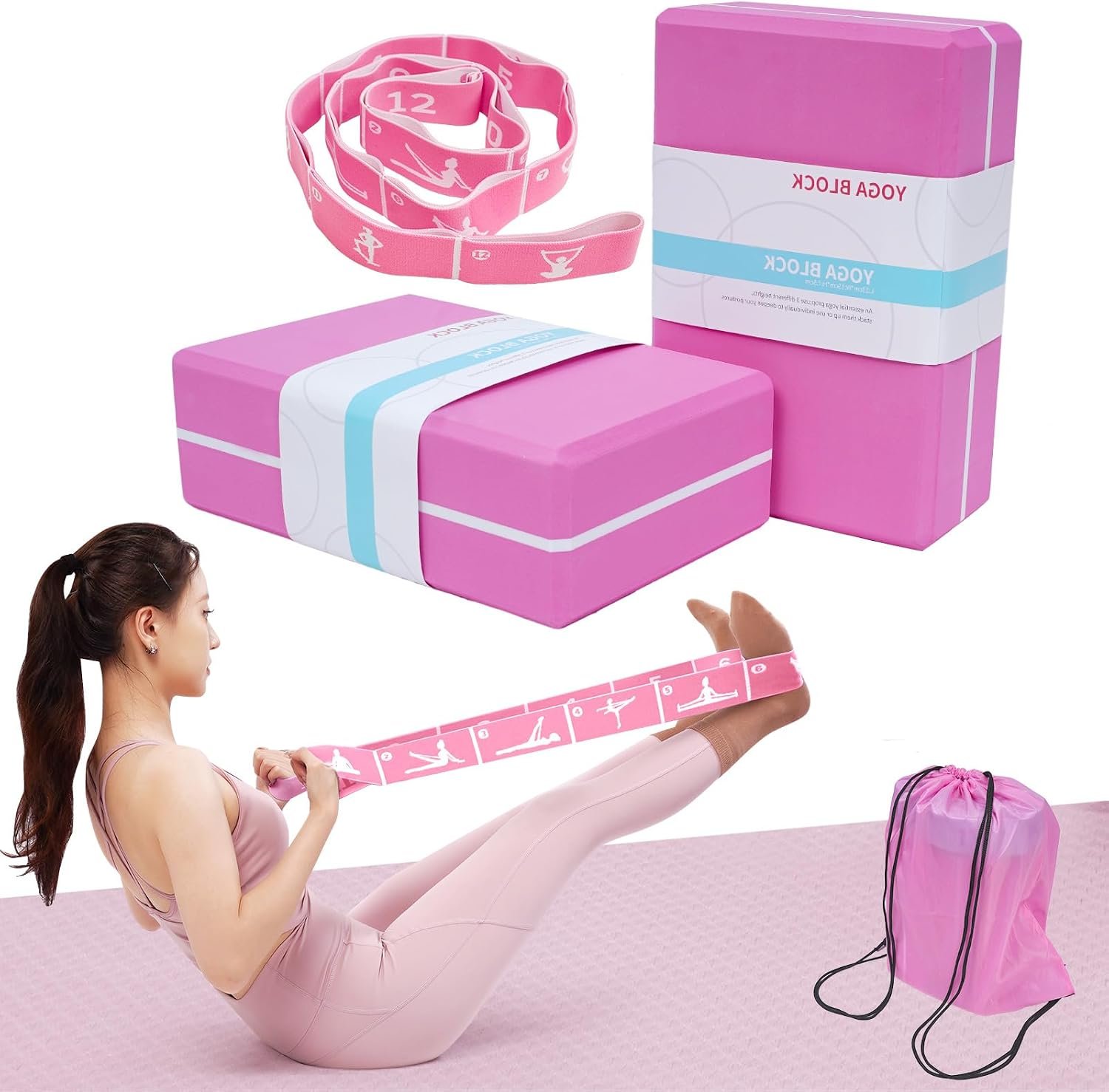 Yoga Blocks 2 Pack with Elastic Stretch Band & Bag – High Density Foam Yoga Blocks for Stability, Deep Stretching & Balance, 12-Loop Resistance Strap for Yoga, Pilates, Dance & Flexibility Training