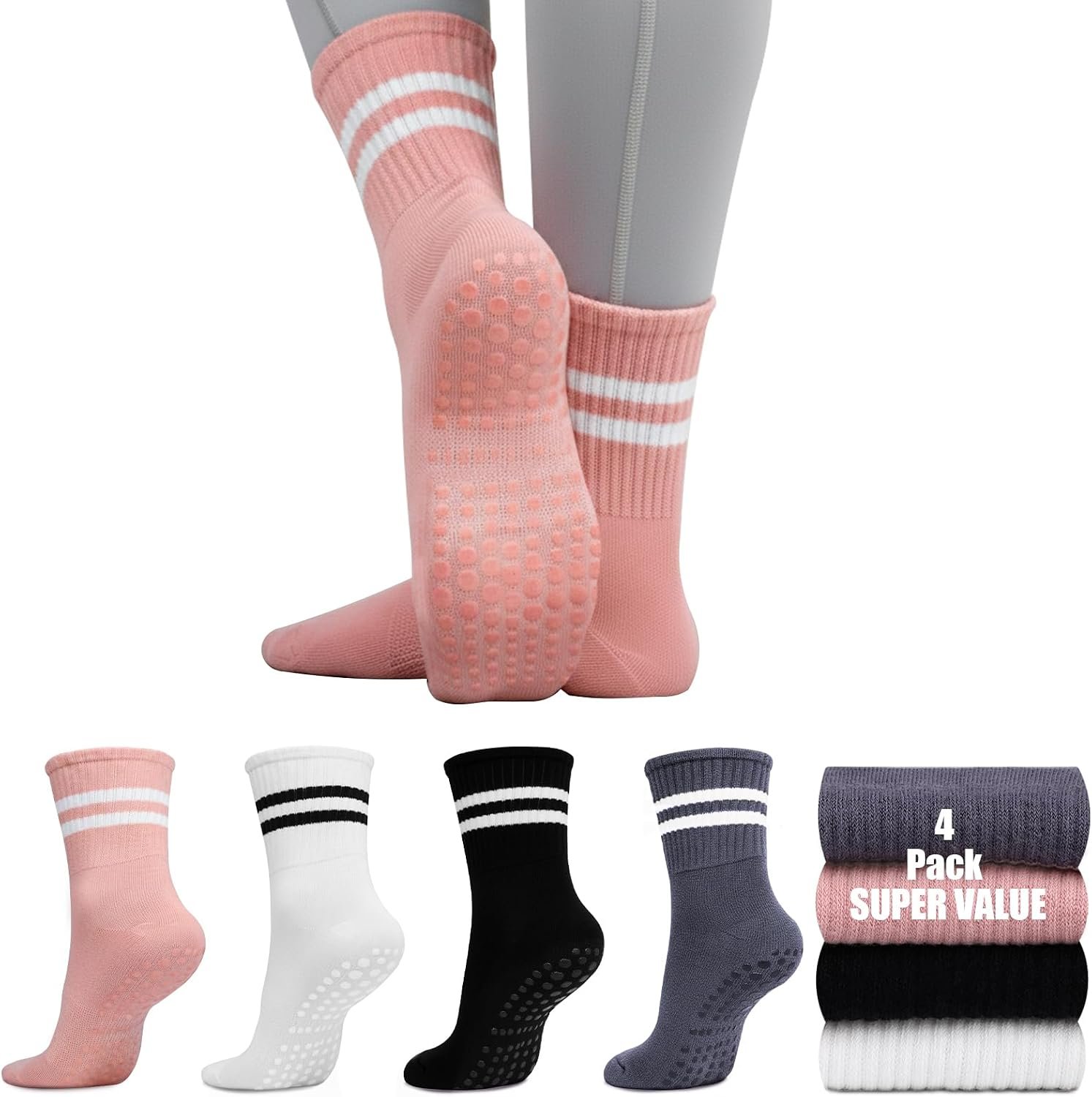 SPORTIC Pilates Socks with Grips for Women, Non Slip Yoga Socks Barre Crew Grippy Sticky Socks for Workout, Dance, Hospital – 4 Pairs Athletic Anti Skid Grip Socks