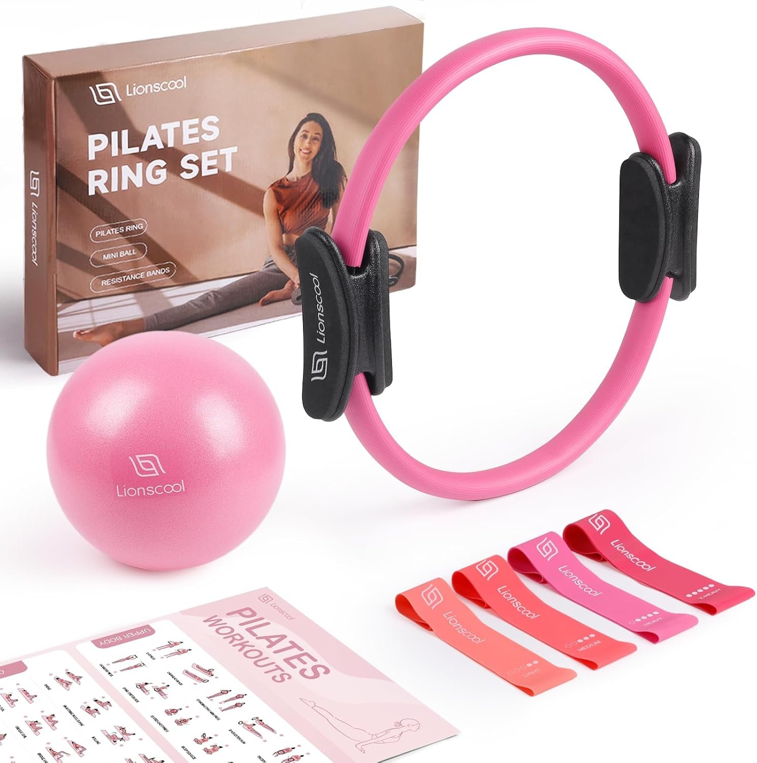 LIONSCOOL Pilates Ring Set 14″ Magic Circle, 9″ Mini Ball, Resistance Bands
