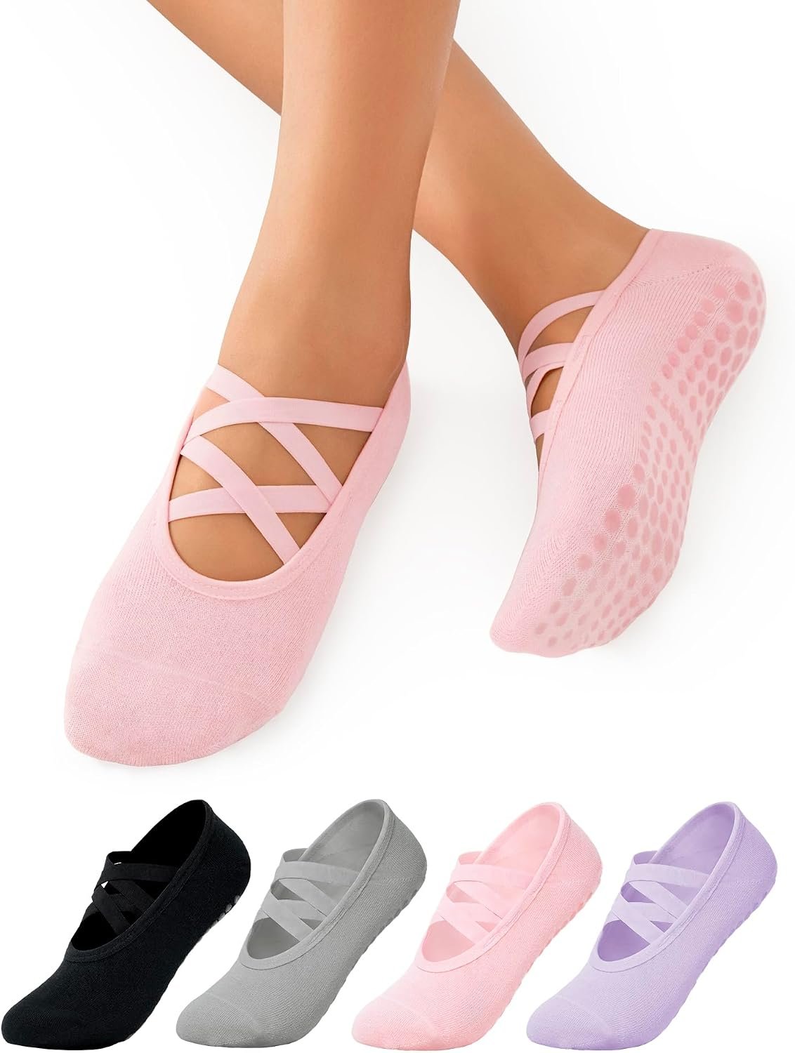 Womens 4 Pairs Pilates Socks with Grips Anti Slip Yoga Sock