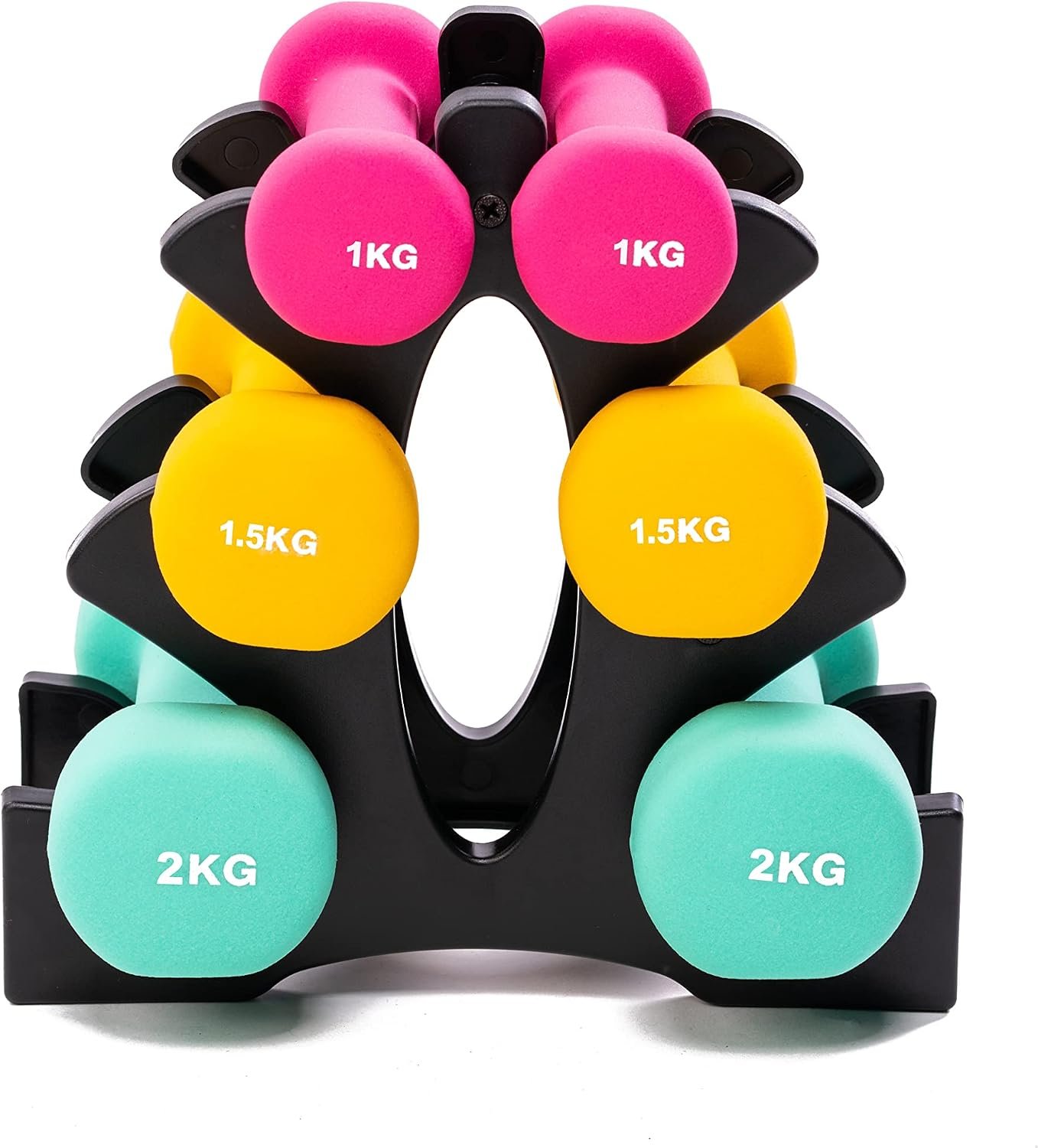 PRISP Dumbbell Set with Rack, 3 Pairs of Neoprene Free Weights with Stand | Neoprene Coated Hand Weights for Home Gym; at Home Workout Equipment for Fitness, Exercise, Cardio and Weightlifting Routines