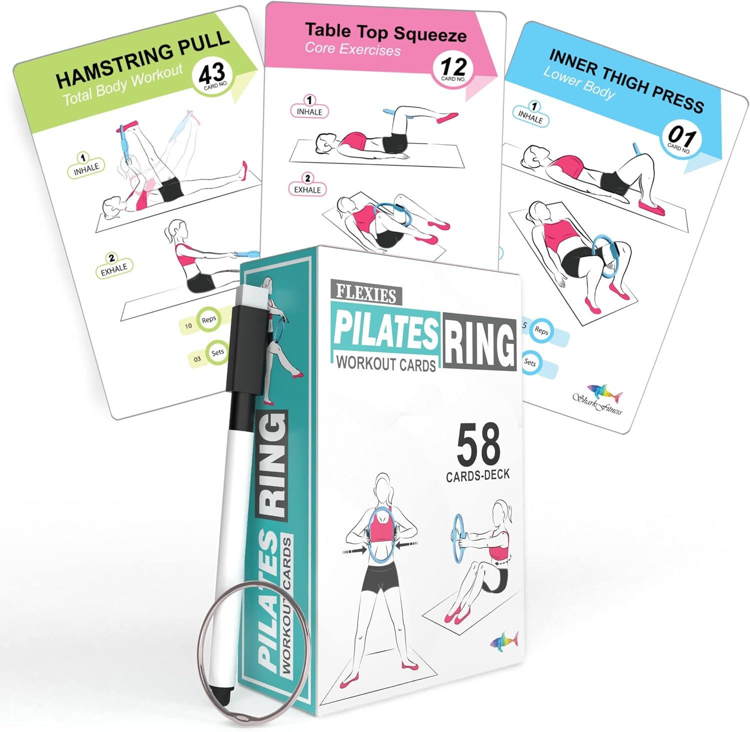 Flexies Pilates Ring Workout Cards | 58 Exercise Cards with Postures, Breathing Tips & Intensity Levels | Waterproof Color-Coded Pilates Flash Cards with Dry-Erase Marker