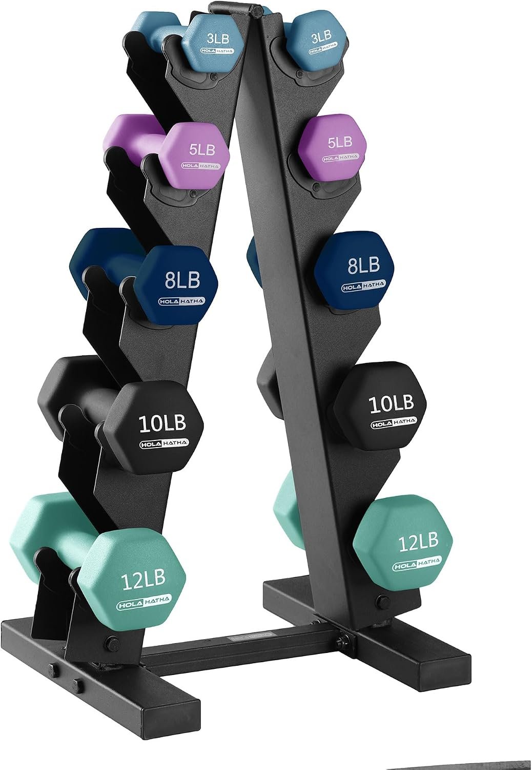 HolaHatha 1, 2 and 3 lb Neoprene Dumbbell Strength Training Weight Set with Rack