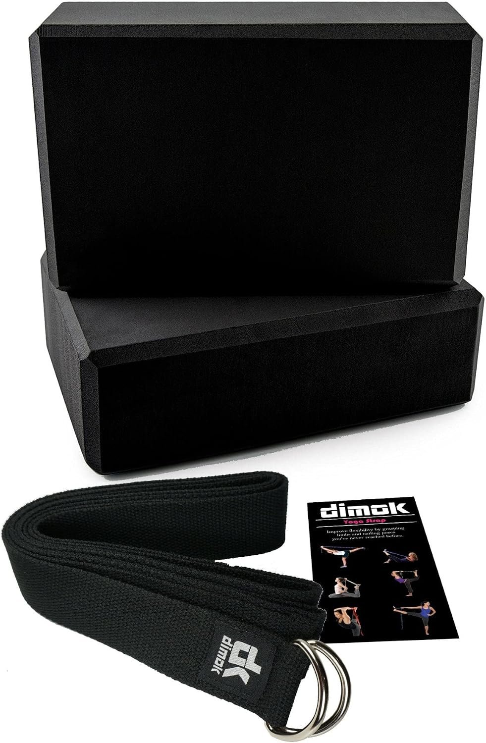 dimok Yoga Blocks and Strap Set – Foam Bricks 9x6x4 and 8FT Yoga Belt Metal D-Ring – High Density Premium Quality