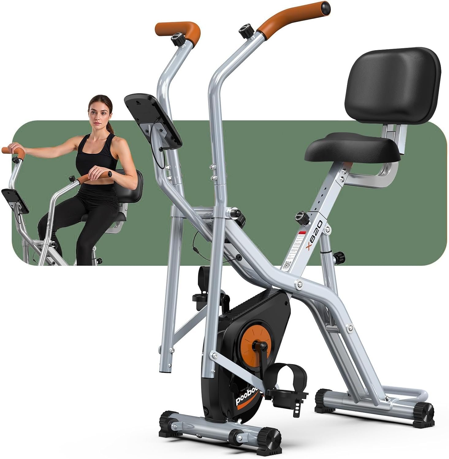 pooboo Foldable Exercise Bike, Stationary Bike with Elliptical Mode, 8 Level Magnetic Resistance, Silent Bike for Home Indoor, Fitness and Rehab Training, Adjustable Seat&Handrail, LCD monitor, 300LBS