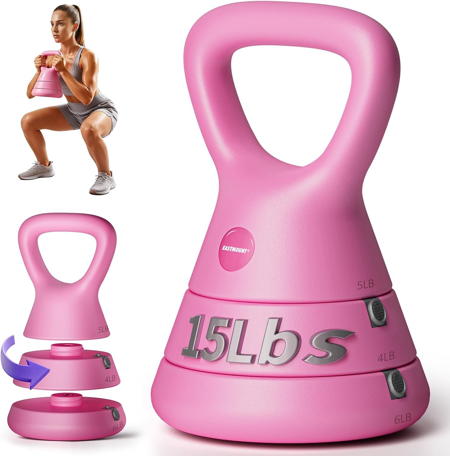 EAST MOUNT 15LB Adjustable Kettlebell Set – 3-in-1 (5/9/15 LB), Compact Adjustable Weights, Wide Triangle Handle and Wrist-Friendly Design for Home Gym, Full-Body Workouts and Strength Training