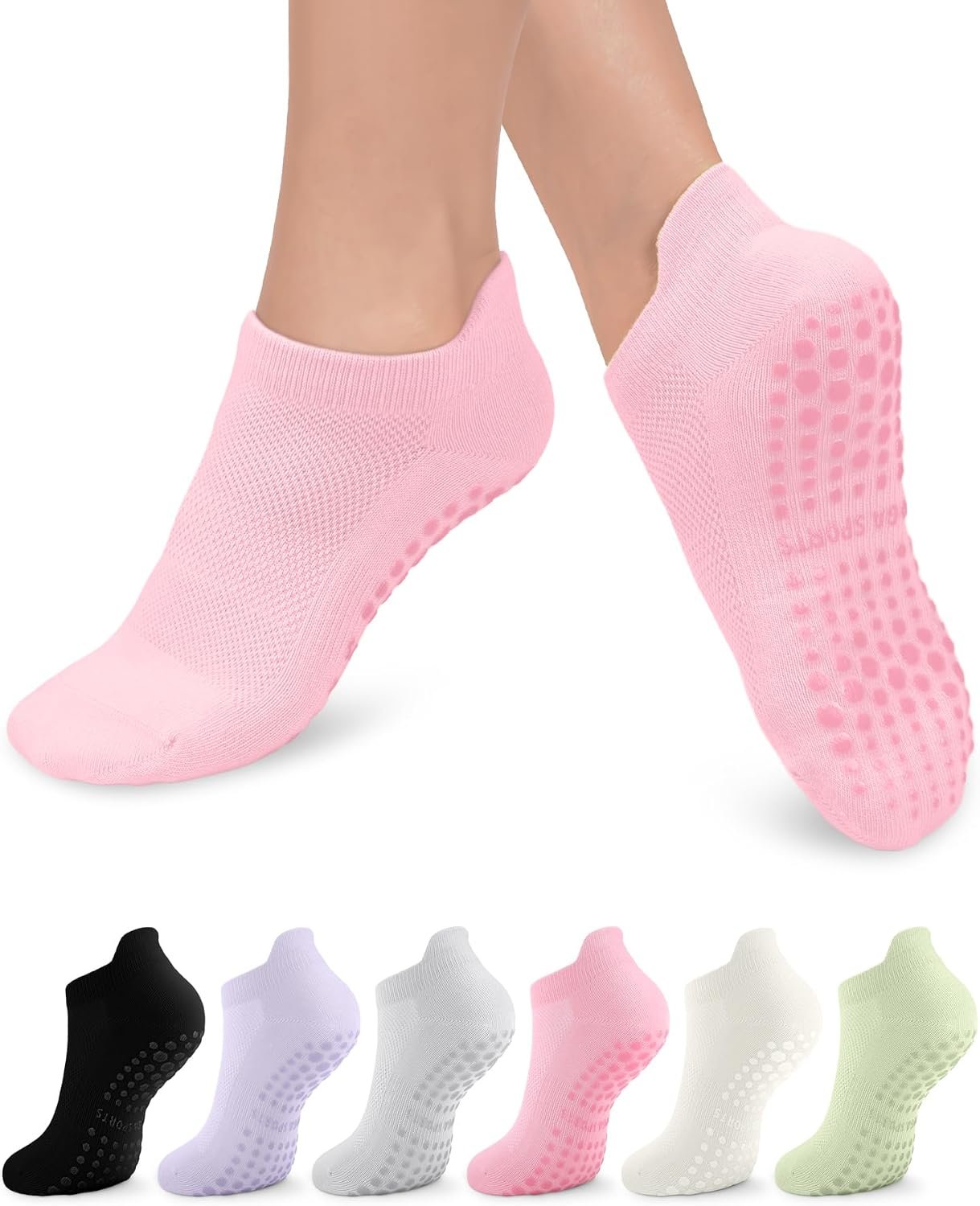 Aoliks 6 Pairs Pilates Grip Socks for Women, Non-slip Yoga Athletic Socks for Barre Ballet Barefoot Workout Hospital