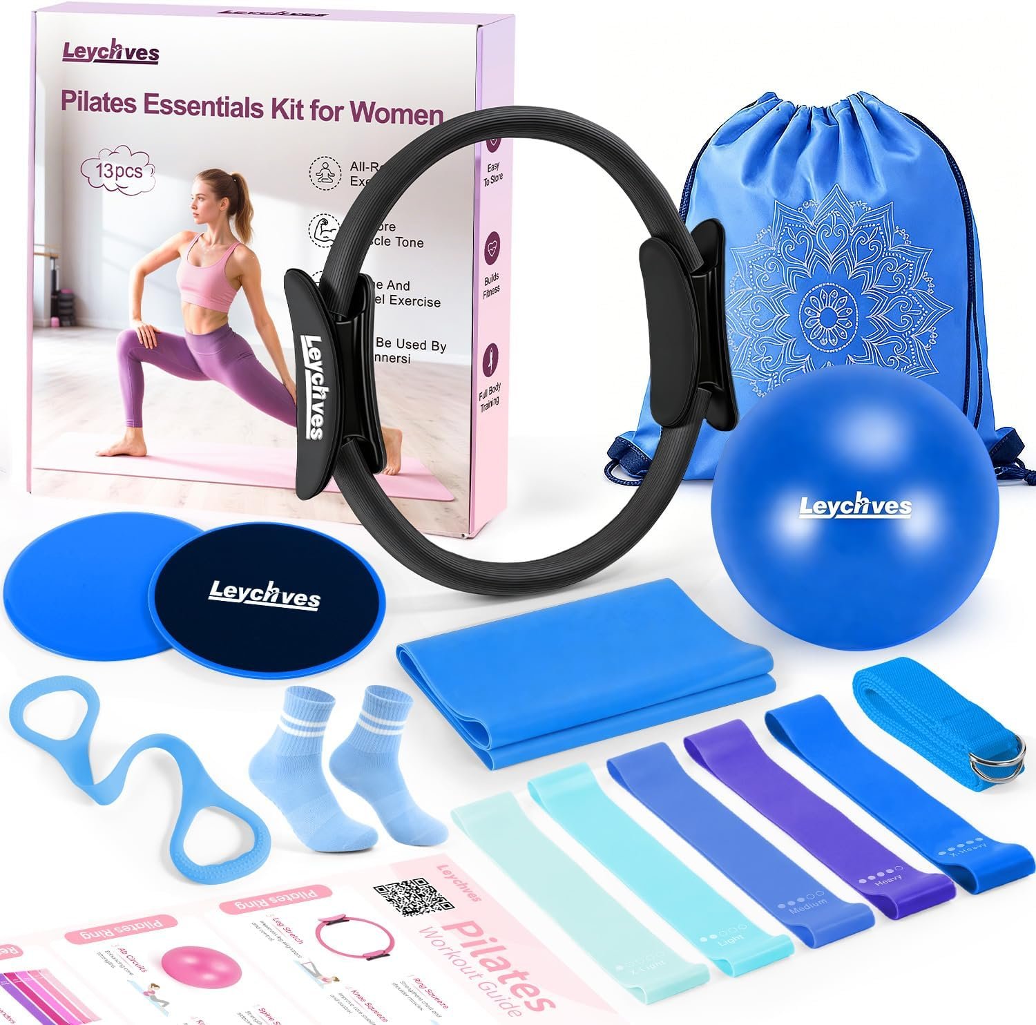 Home Pilates Essentials Kit for Women, Magic Circle Pilates Equipment Ring and Ball Set, Resistance Bands Workout Guide Video for 28 Day Pilates Challenge Starter Kit for Beginners