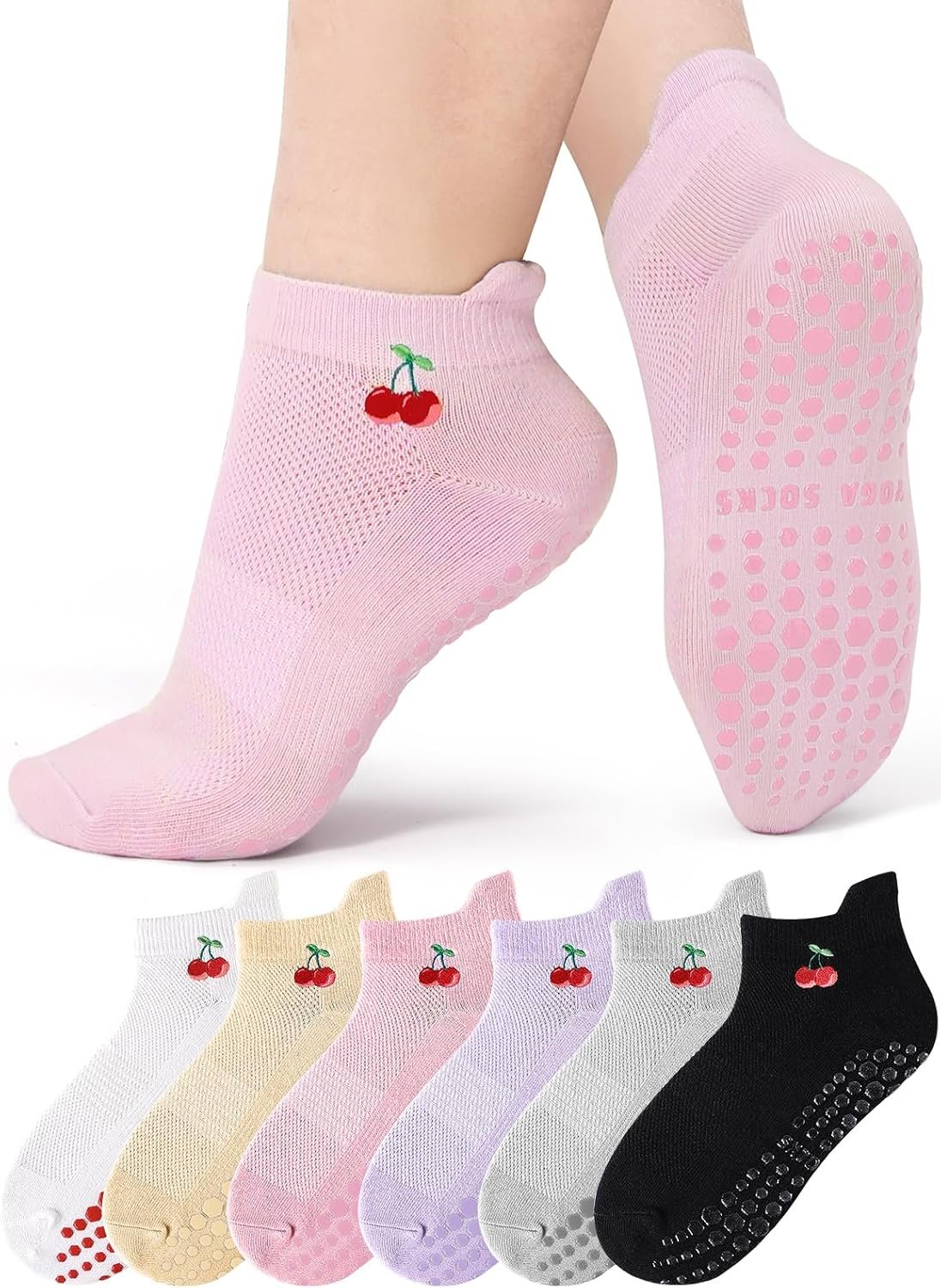 VITEVER 6 Pairs Grip Pilates Socks for Women, Grippy Non Slip Yoga Socks, Cute Cherry Grip Socks for Barre, Hospital, Athletic, Barefoot and Workout