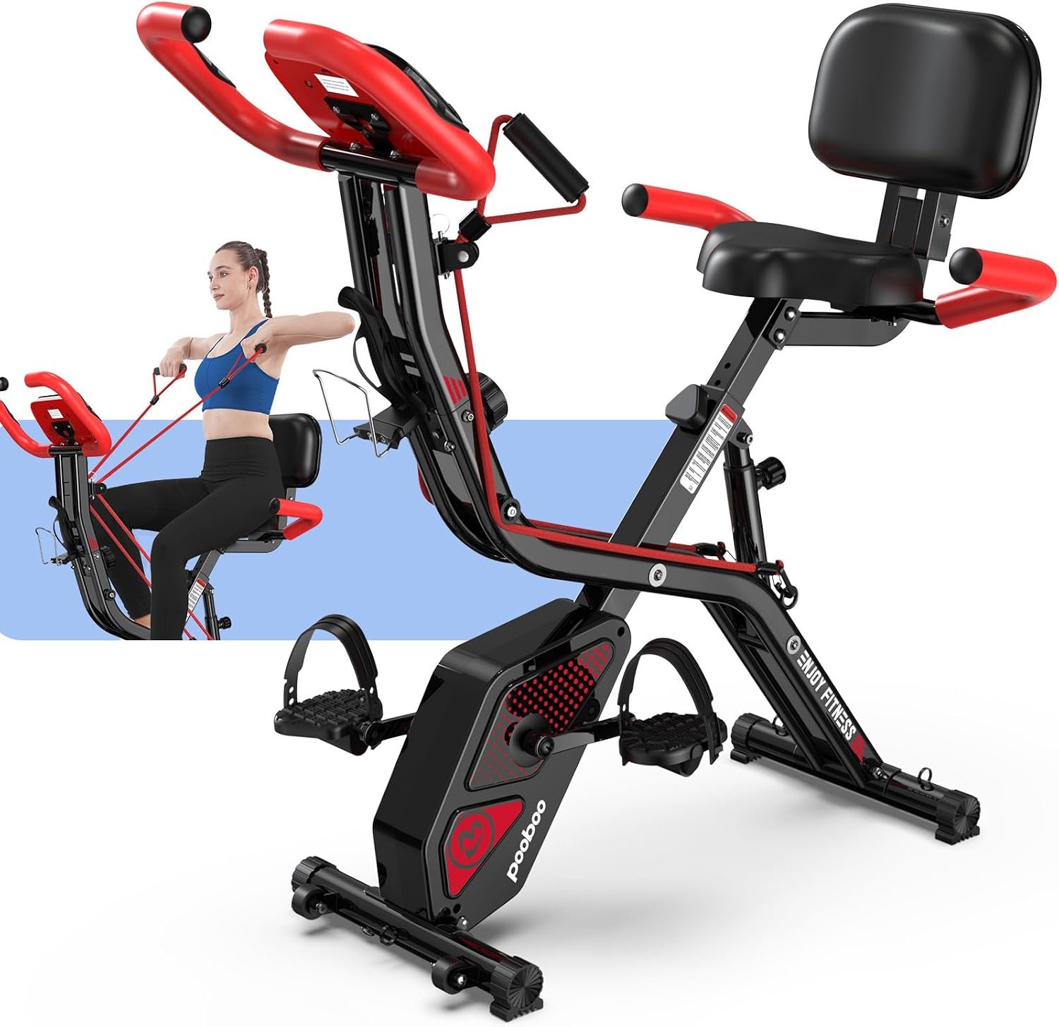 pooboo Folding Magnetic X‑Bike, Upright Exercise Bike for Home Gym | Foldable Indoor Stationary Cycling Bike, 8‑Level Resistance, 6.6 LBS Flywheel, 300 LB Capacity, Back Support Cushion