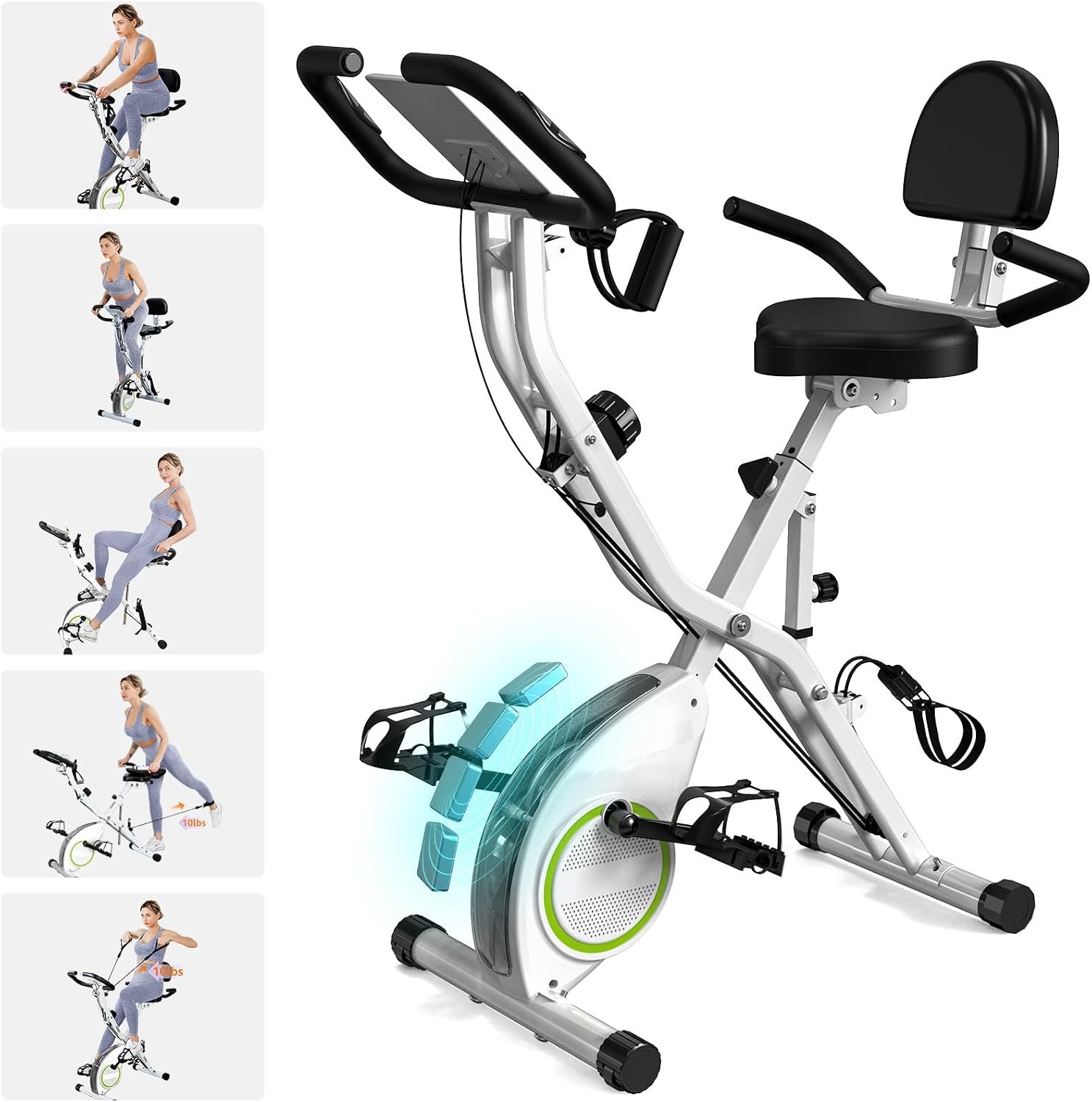 Stationary Bikes for Home, 5 in 1 Foldable Exercise Bike for Seniors, Recumbent & Upright Indoor Exercise Bike with 16-Level Magnetic Resistance, Arm/Leg Bands, 300 LB Capacity