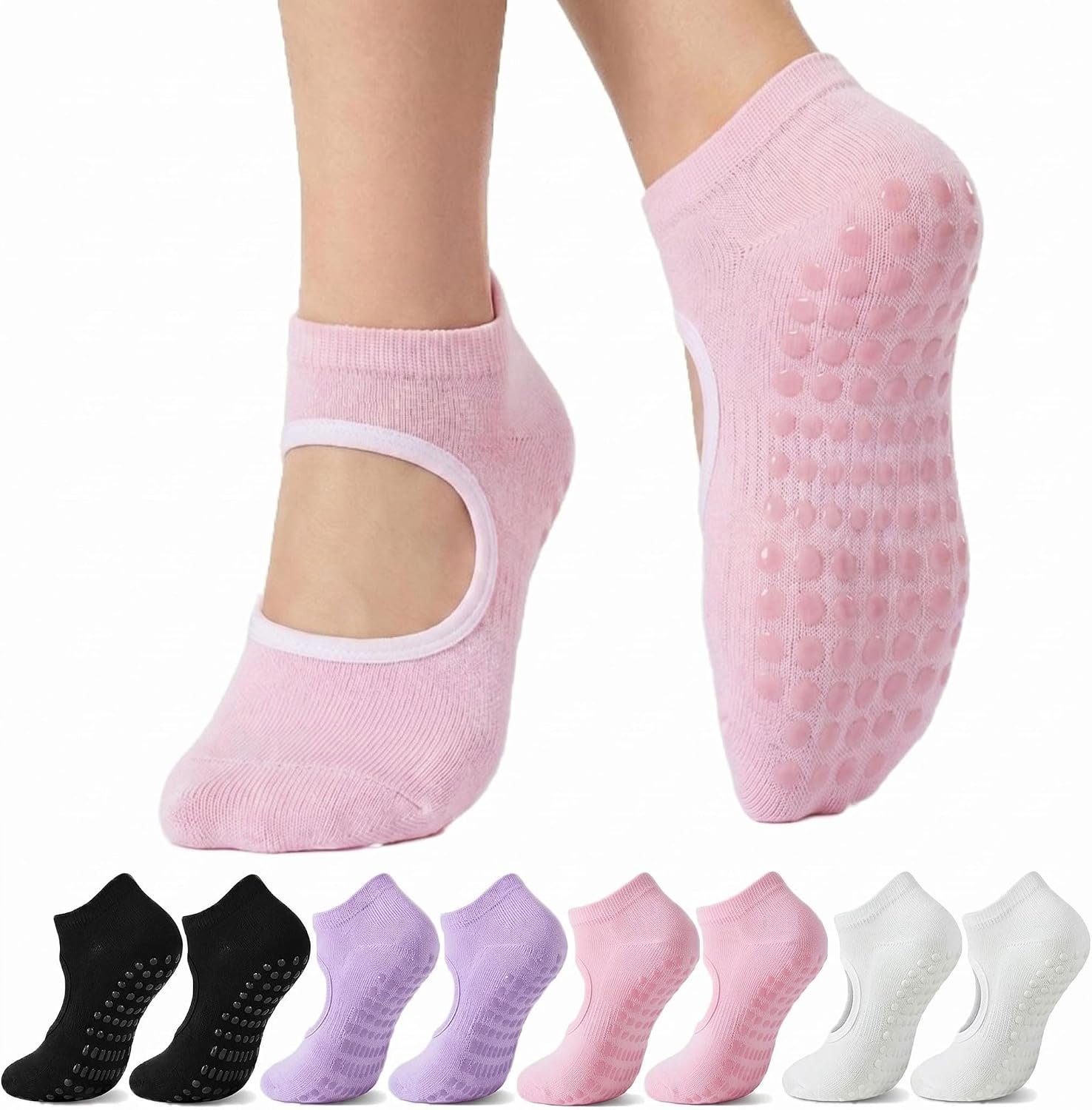 J-BOX 4 Pairs Pilates Socks for Women – Non Slip Grip Socks for Yoga, Barre, Hospital, Barefoot