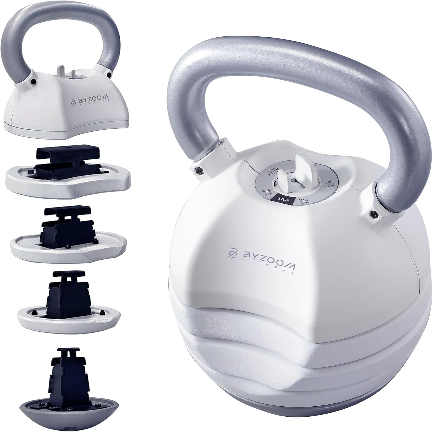 BYZOOM FITNESS Pure Series Adjustable Kettlebell 30/40/50LB – 5-IN-1 Weight Change, Patented Quick-Change Machenism, Ergonomic Curved Handle for Home Gym, Strength Training, HIIT, White OR Black