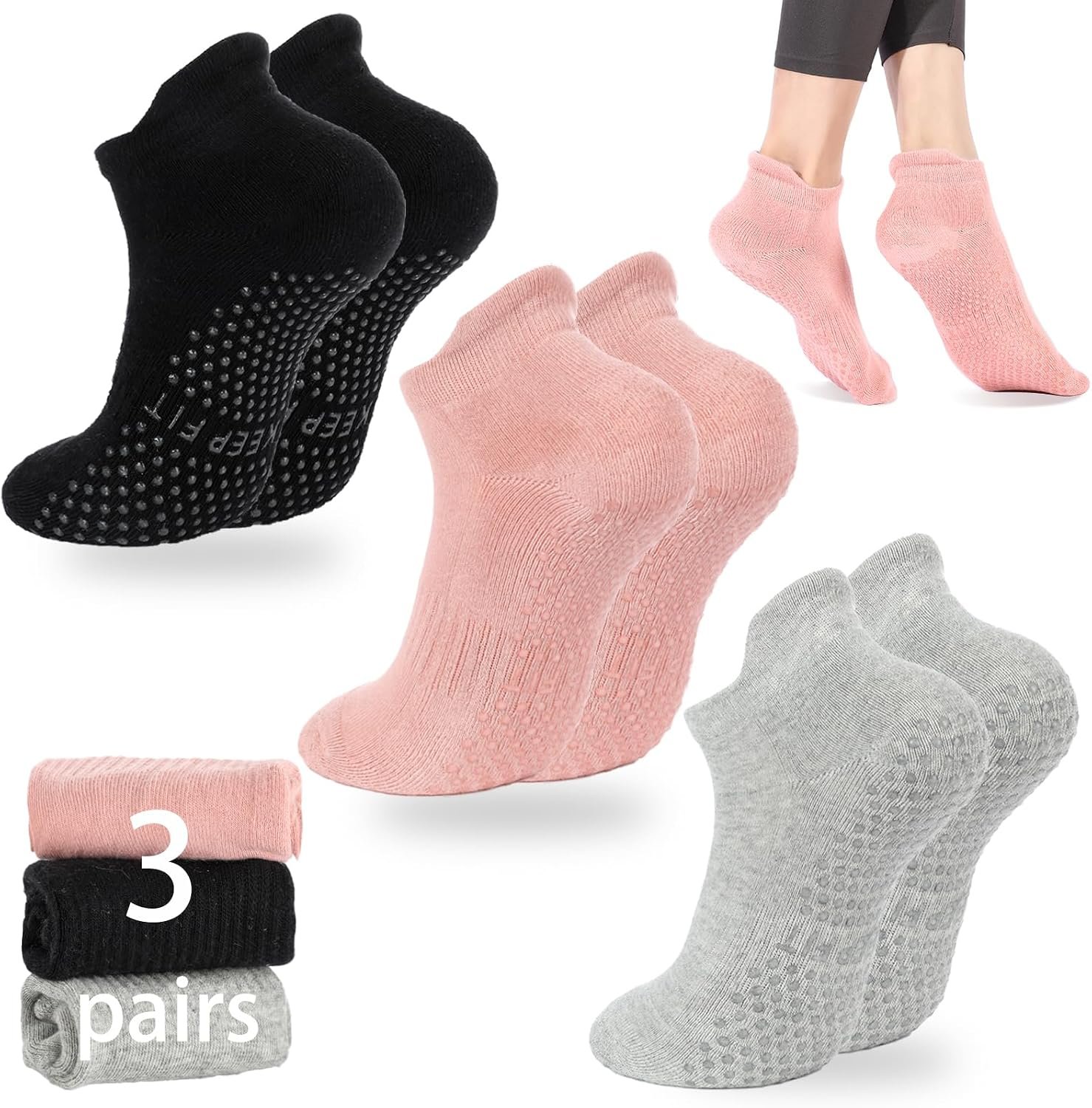 Pilates Socks with Grips for Women Non Slip Yoga Barre Sticky Grippy Socks | Combed Cotton, Silicone Grip Dots, Heel Tab, Arch Support, Breathable Mesh, Closed Toe, Moisture-Wicking, US 5.5-9