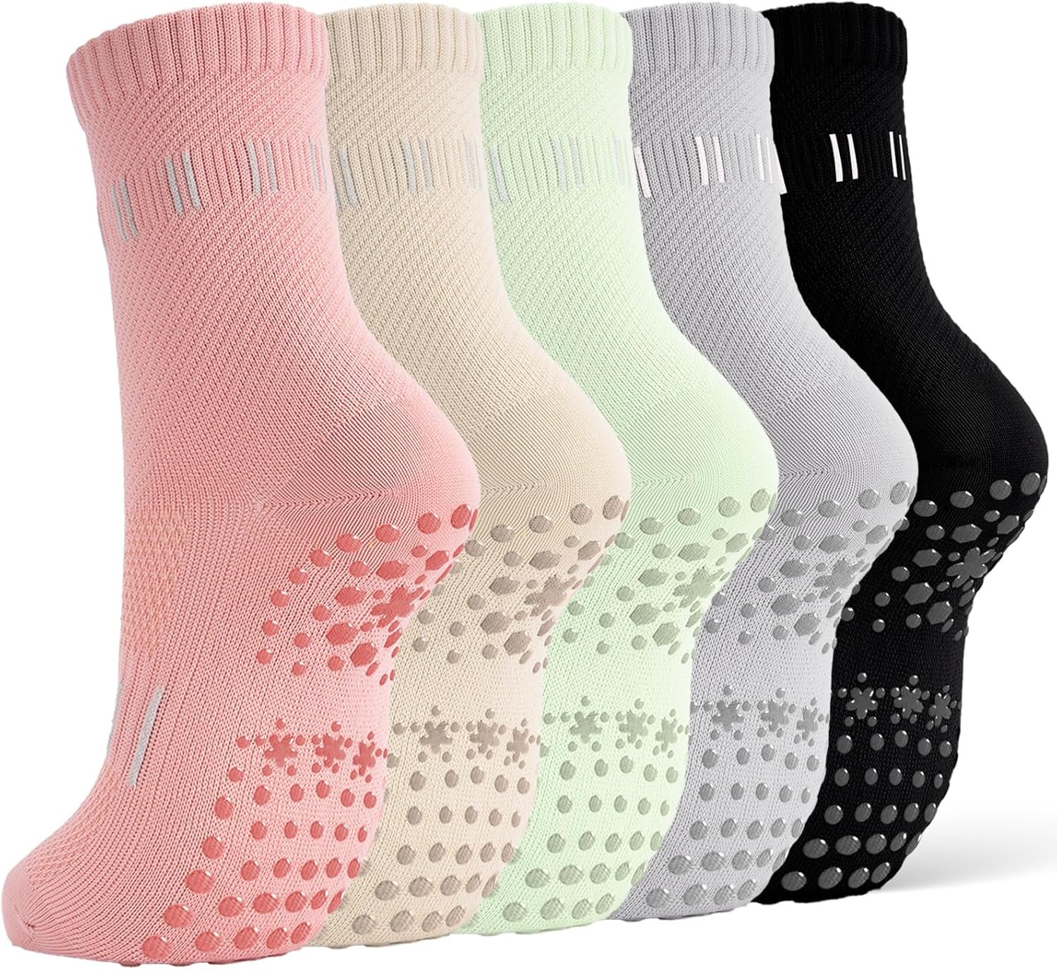 5 Pairs Pilates Socks Yoga Crew Socks with Grips for Women Non Slip