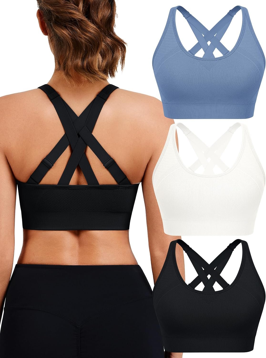 VEQKING Adjustable Womens Sports Bra High Support Crisscross 3 Pack