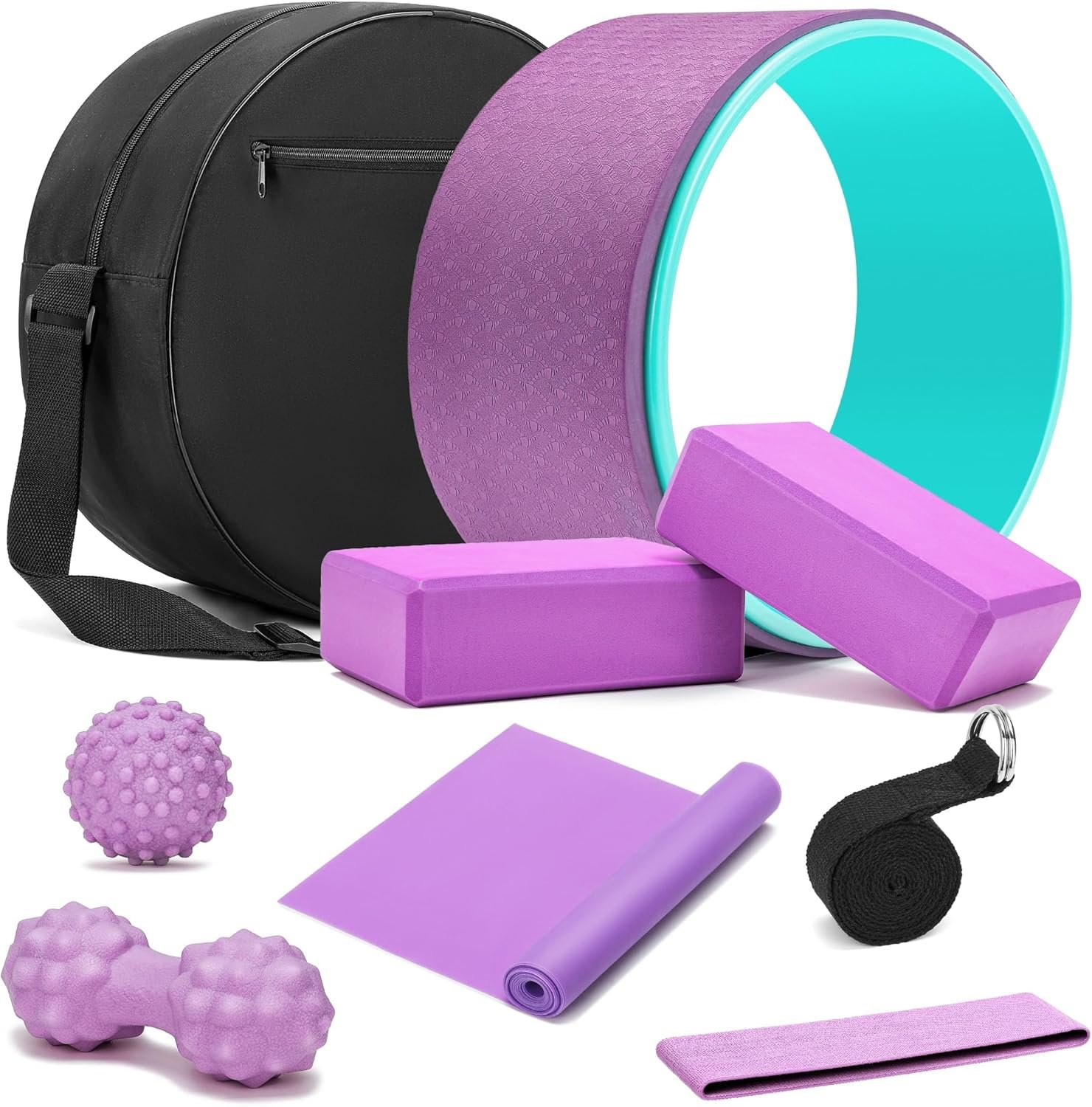 All in One Yoga Wheel Set, Soft Foam Roller Wheel for Back Pain & Stretching, Yoga Blocks 2 Pack with Strap, Trigger Point Therapy Massage Ball for Deep Tissue, Yoga Starter Kit for Beginner