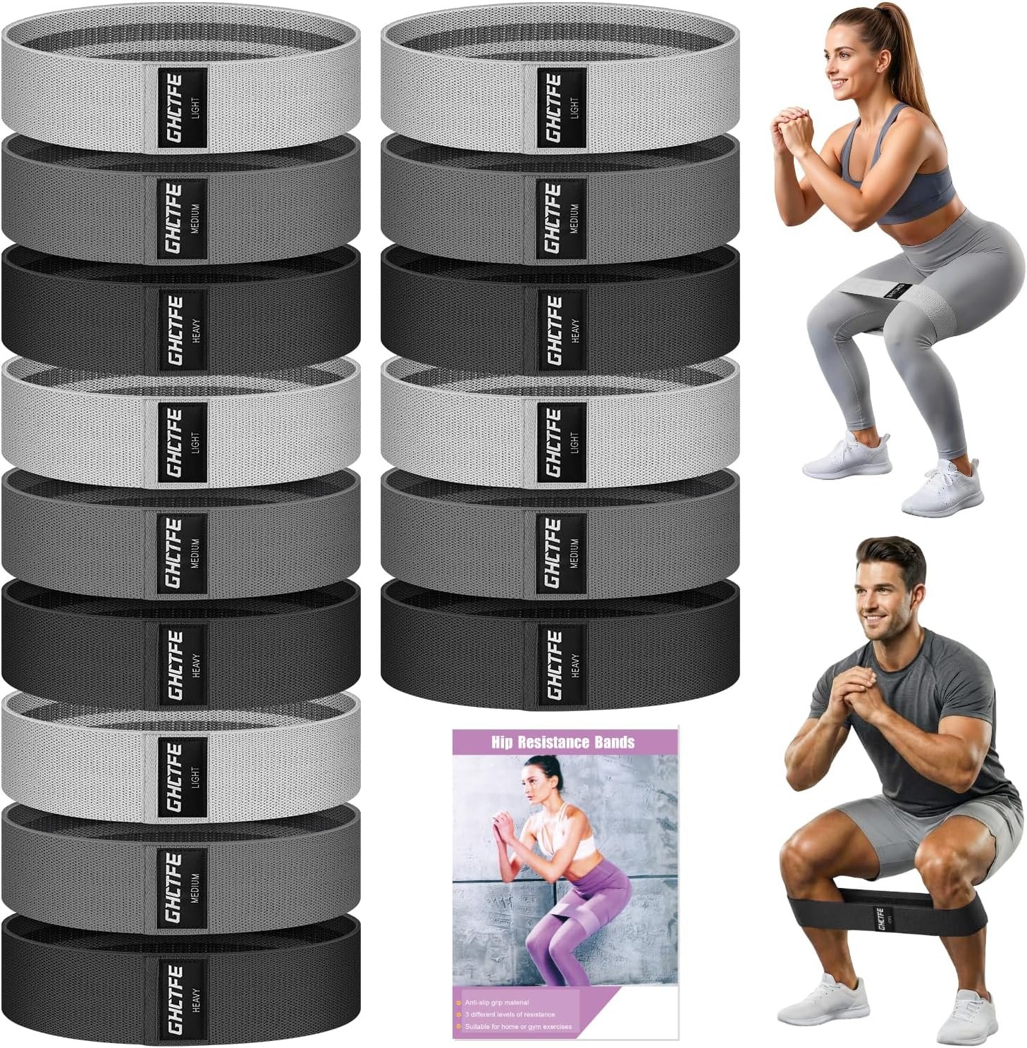 15PCS Fabric Resistance Bands for PT& Yoga Class, Athletes Training, Home Gym Exercise, Non-Slip Booty Bands Bulk Set for Glute, Leg Bands for Women, 3 Resistance Levels with Carry Bag