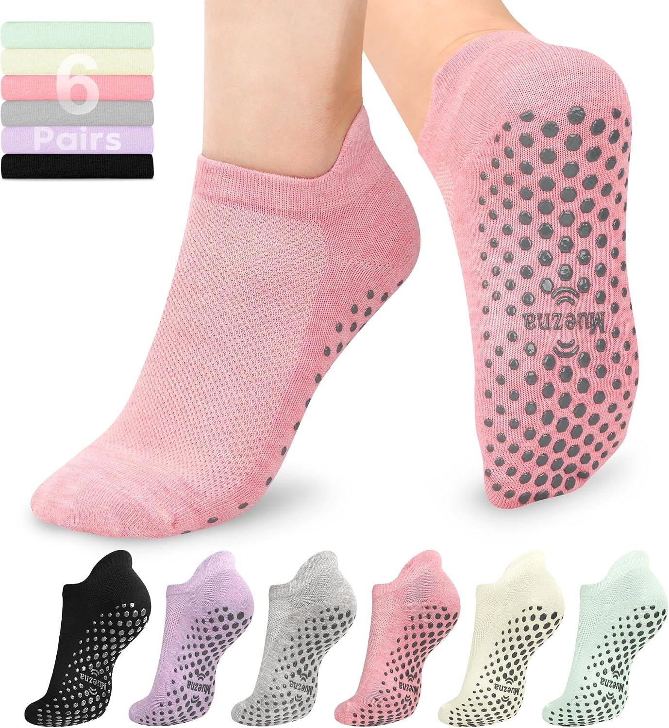 Muezna 6 Pairs Pilates Grip Socks Women Non Slip Yoga Grippy Sock with Grip