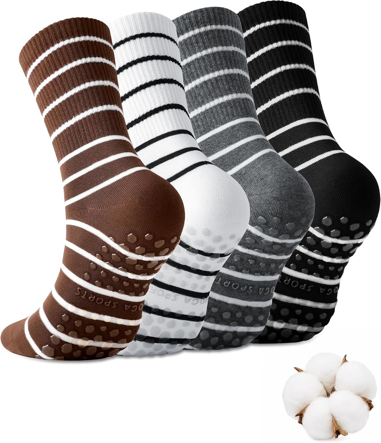 Pilates Socks with Grips for Women 4 Pairs Cute Non Slip Yoga Crew for Yoga Barre Hospital Barefoot Workout