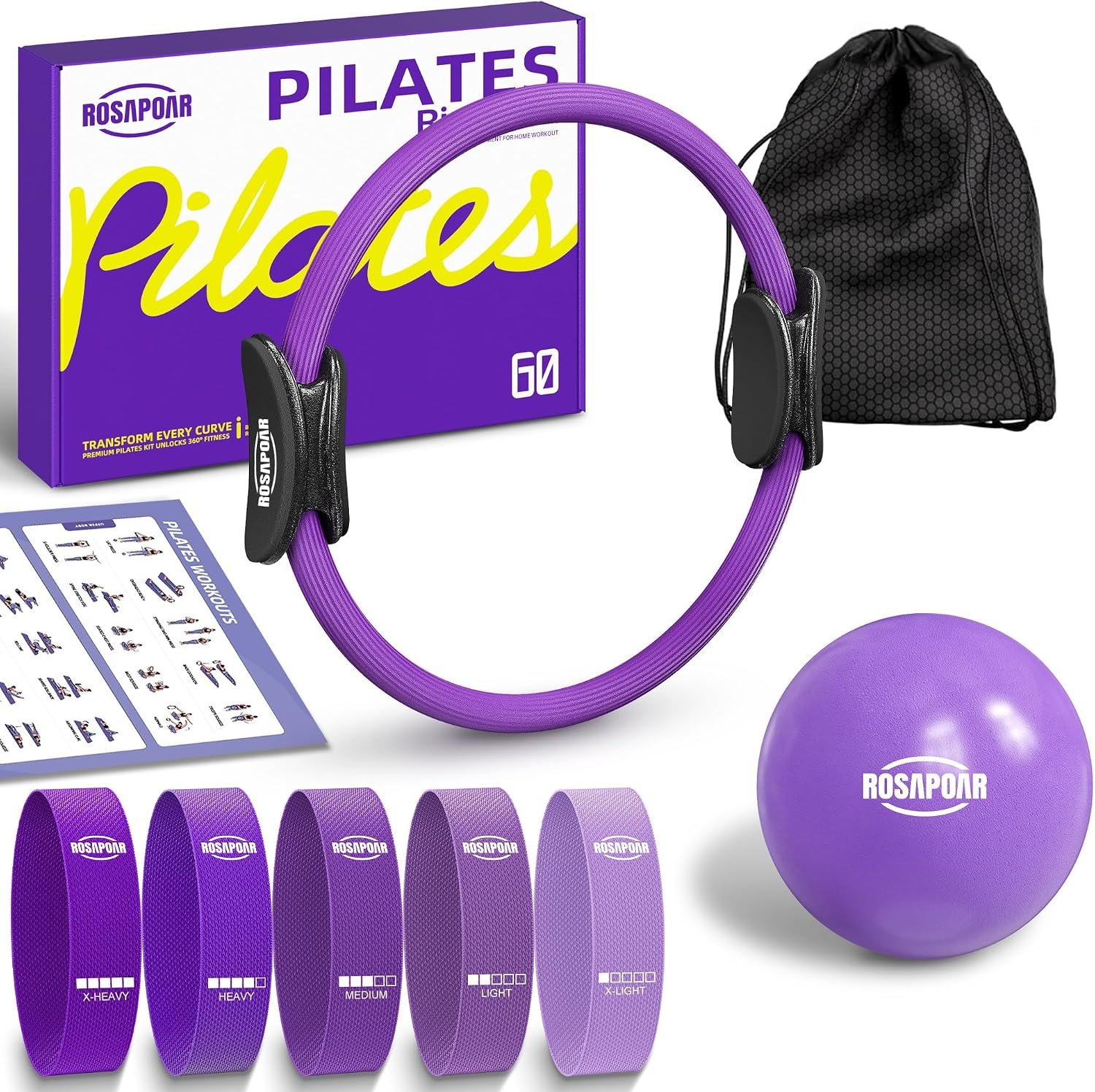 ROSAPOAR Pilates Essentials Kit for Women, Pilates Ring Set – 14″ Magic Circle with Yoga Ball & Resistance Bands – Pilates Kit for Home Workouts, Toning & Core Sculpting Pilates Equipment