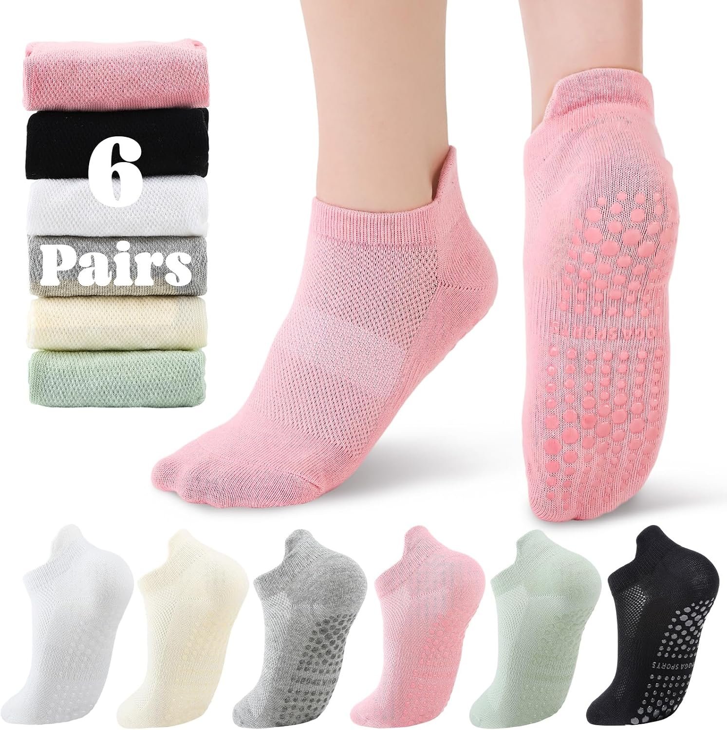 6 Pairs Pilates Socks with Grips Women Non Slip Socks | Full Sole Grips For Secure Traction, Mid Length Cut, Non Slip Design, Ideal for Home Barre Gym Daily Training Sessions