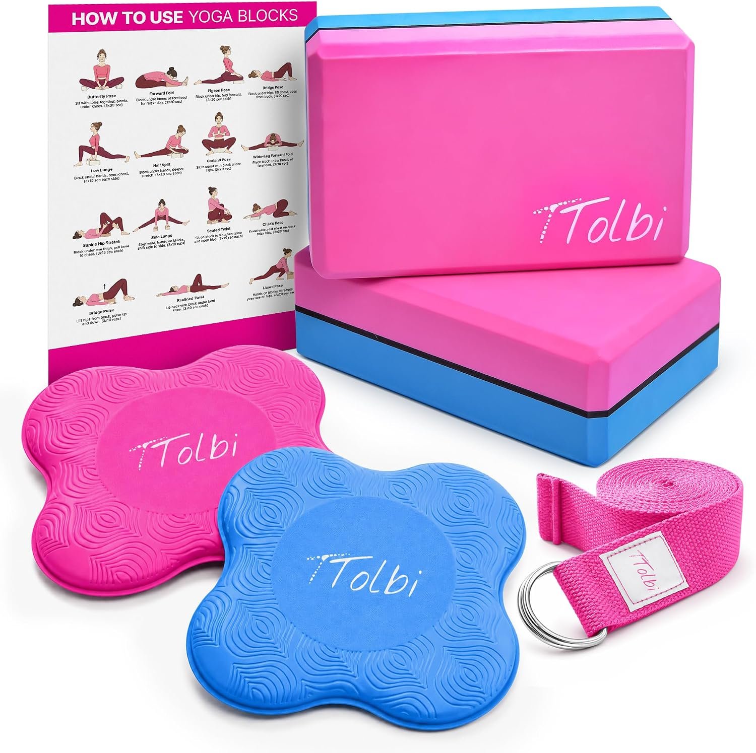 Yoga Blocks 2 Pack with Strap and Guide – Soft Non-Slip EVA Foam Blocks | High-Density Pilates Blocks for Home Workouts, Dance, Ballet, Gymnastics & Stretching Exercise, Dance Accessories and Gifts
