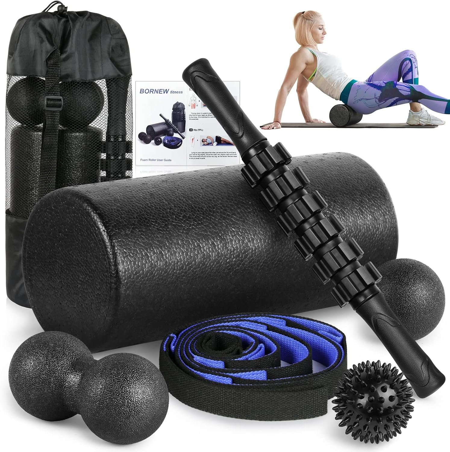 Foam Roller Set – High Density Back Roller, Muscle Roller Stick | Foot Fasciitis Ball, Stretching Strap, Massager Ball for Whole Body Physical Therapy & Exercise, Back Pain, Leg, Deep Tissue