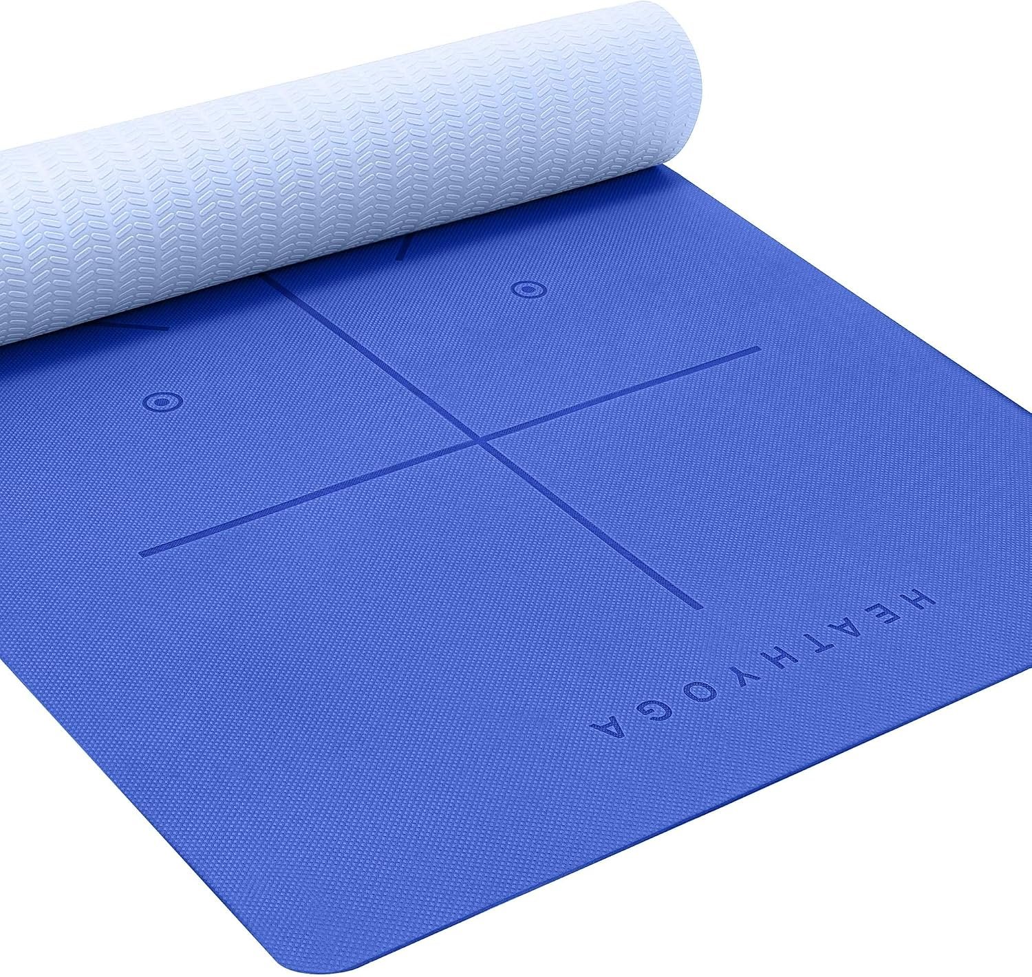 Heathyoga Yoga Mat Non Slip TPE Pilates Exercise Mats for Home Workout Gym Fitness Eco Friendly Thick Hot Yoga Mat with Strap Body Alignment,72″x 26″ Thickness 1/4″