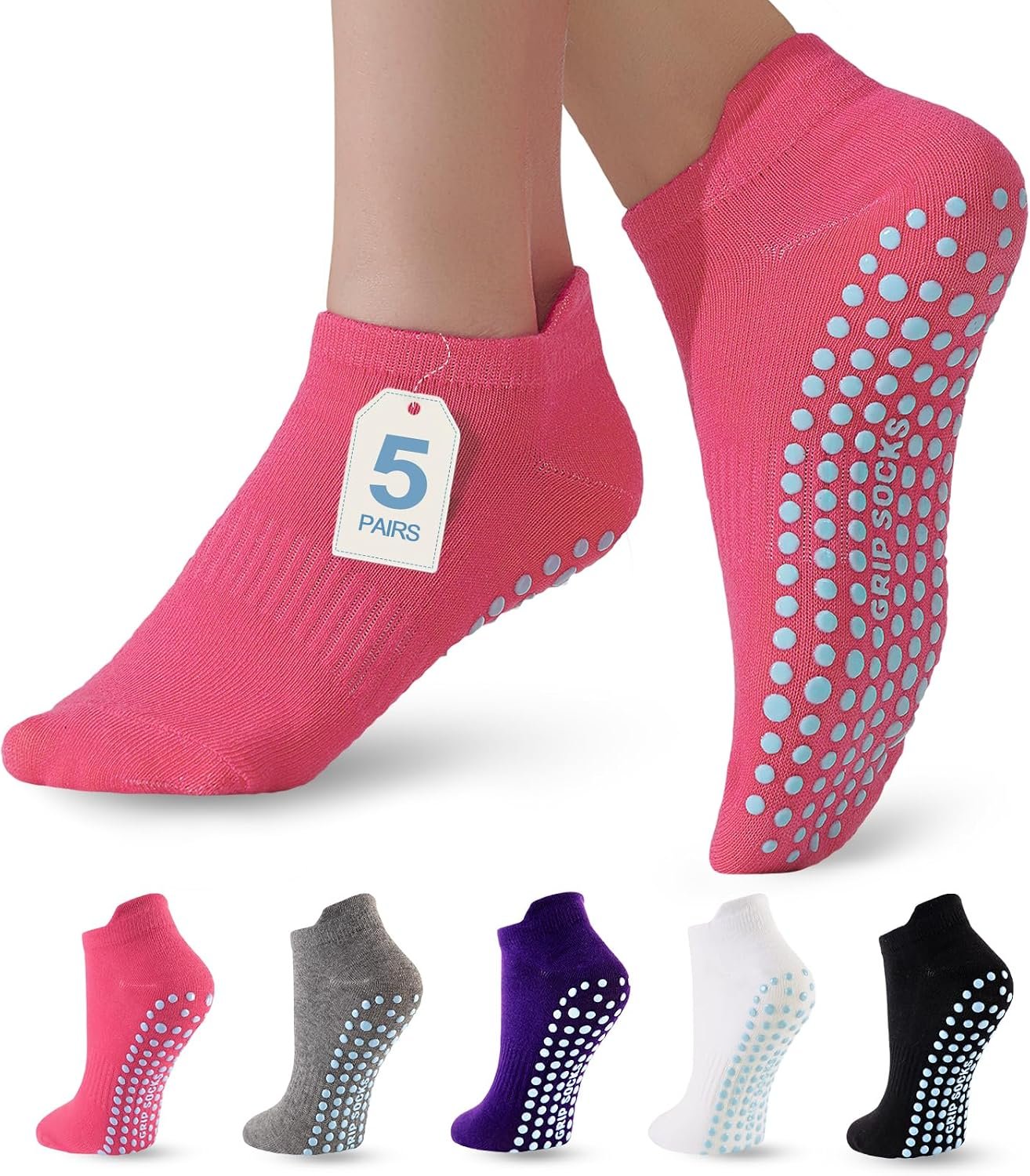 5 Pairs Pilates Socks with Grips for Women Non Slip Grip Yoga Crew Socks for Barre Hospital Barefoot Workout