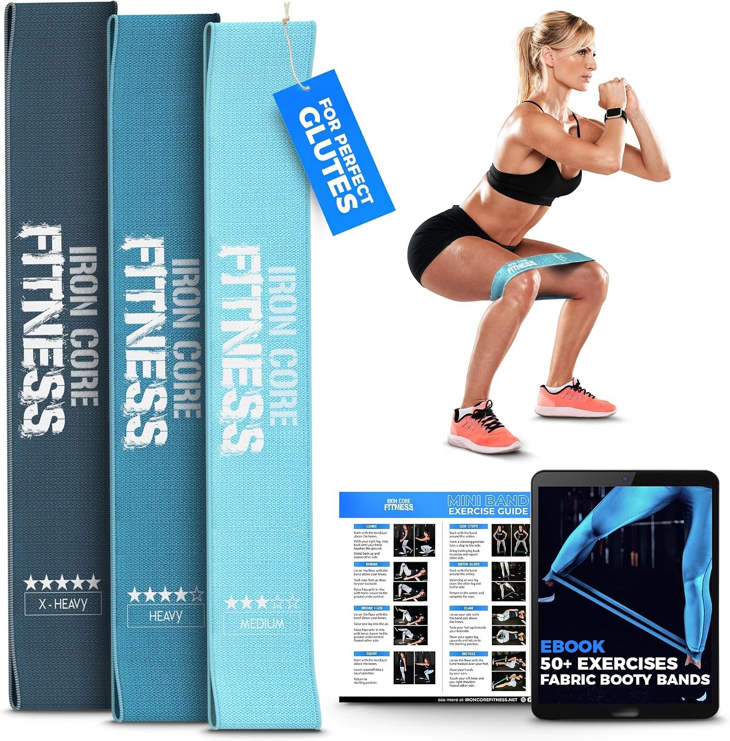 Fabric Mini Resistance Bands Sets for Trainers, Bootcamp, Gym for Men and Women in Fun Colors – Ebook, Videos and Workout Chart Included by Iron Core Fitness