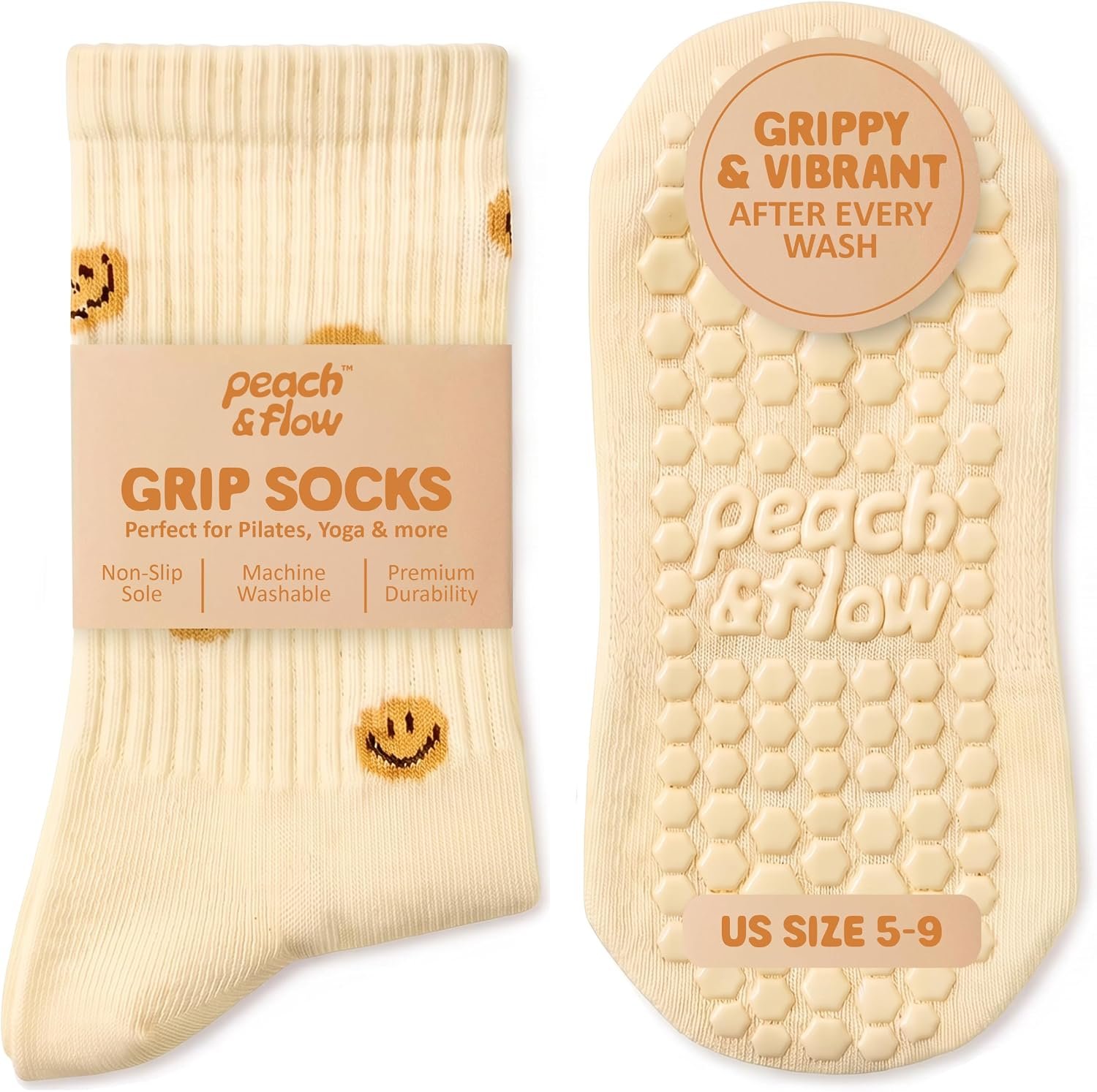 Peach & Flow Pilates Grip Socks for Women, Cute Pilates Socks, US 5-9 | Cushioned Non-slip Reformer and yoga socks with grips also for barre and Lagree, plus a thick knit with woven arch support