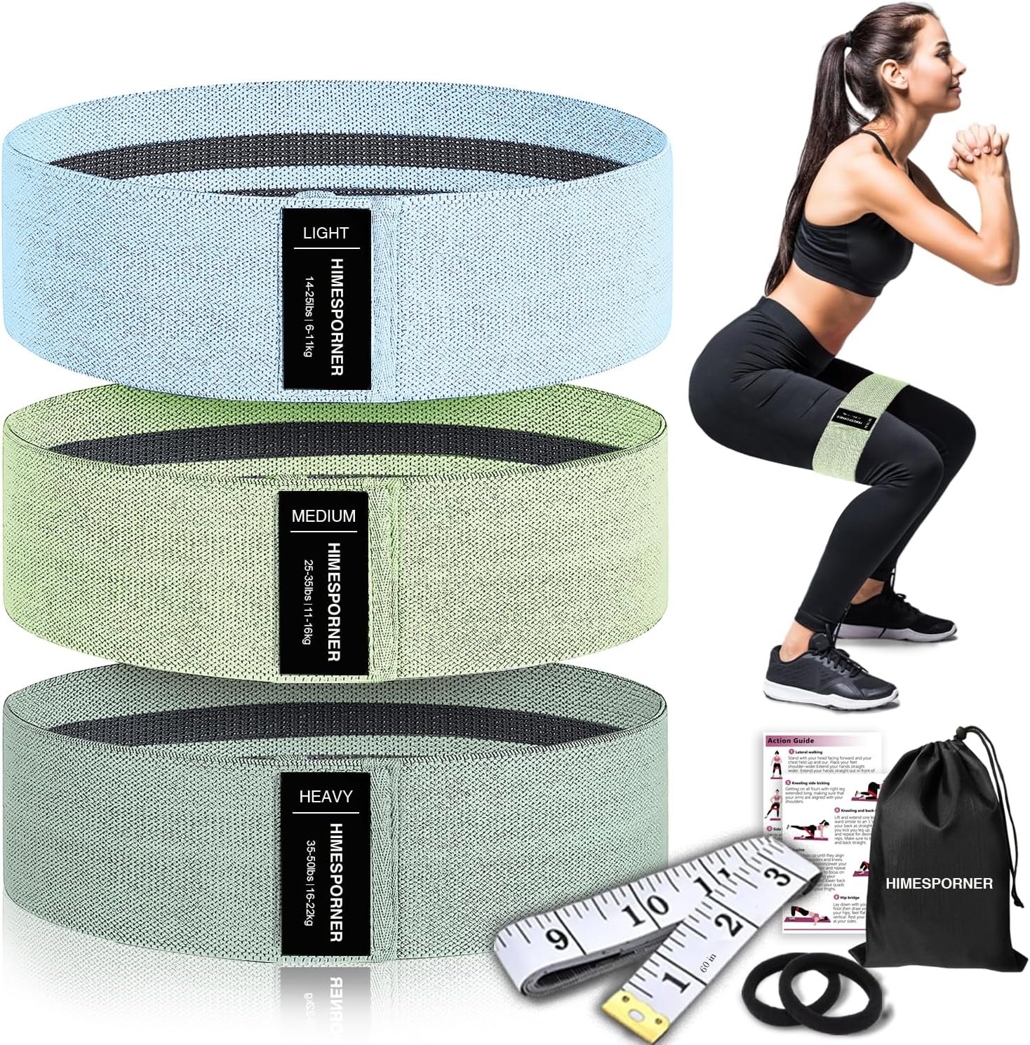 HIMESPORNER Wide Fabric Resistance Bands for Working Out 3 Level | Non-Slip Exercise Booty Bands for Women Men Leg Glutes with Hair Ties and Tape Measure – for Home Gym Workout, Yoga, Pilates