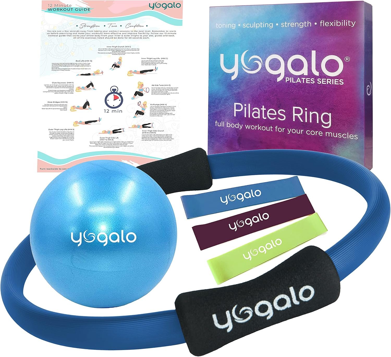 Pilates Ring and Ball Set with 3 Resistance Bands – Pilates Equipment for Home Workout – Magic Circle Pilates Ring 14 Inch to Tone, Sculpt and Strengthen – Fitness Ring for Yoga and Pilates