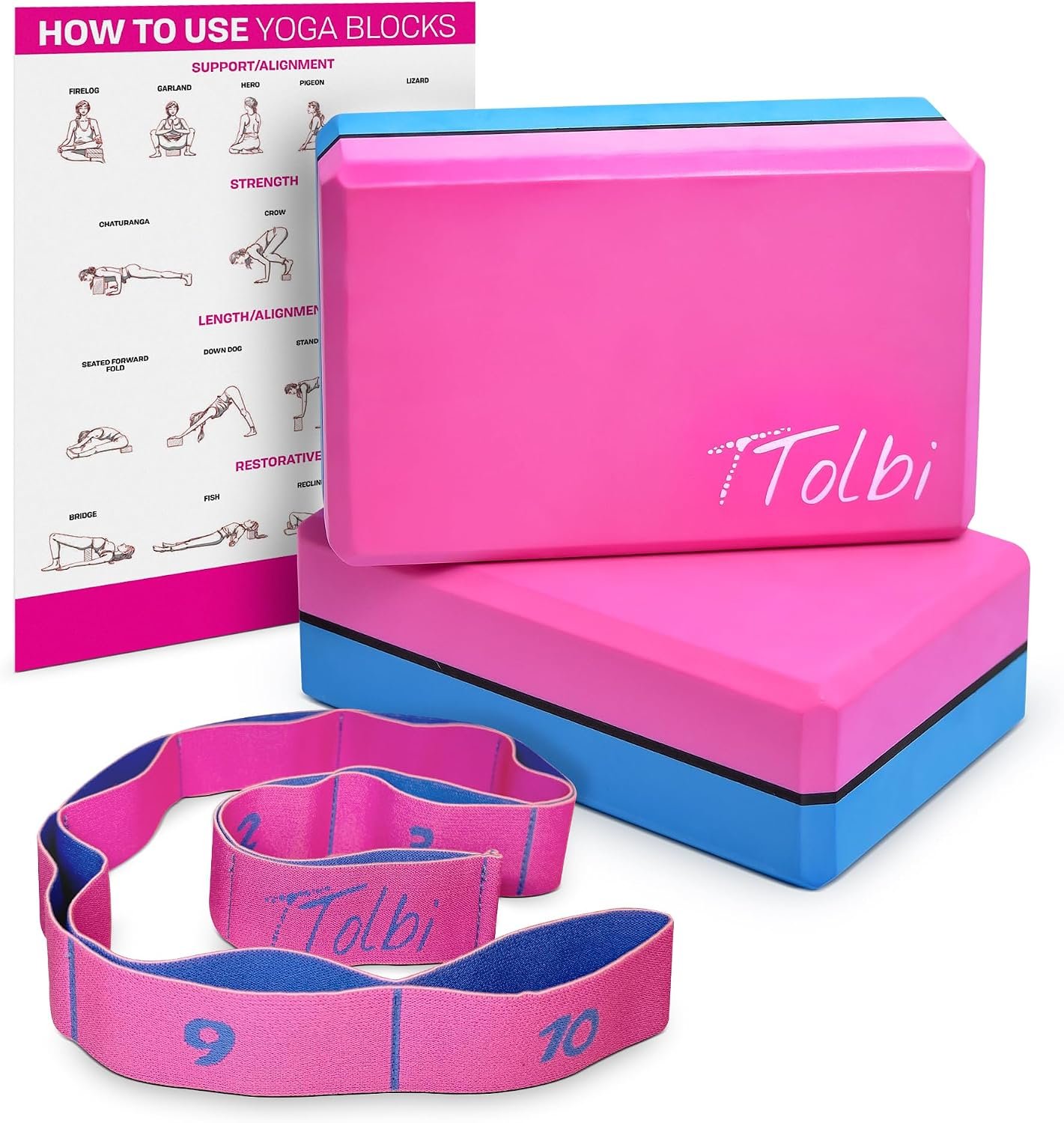 Yoga Blocks 2 Pack with Strap and Guide – Soft Non-Slip EVA Foam Blocks