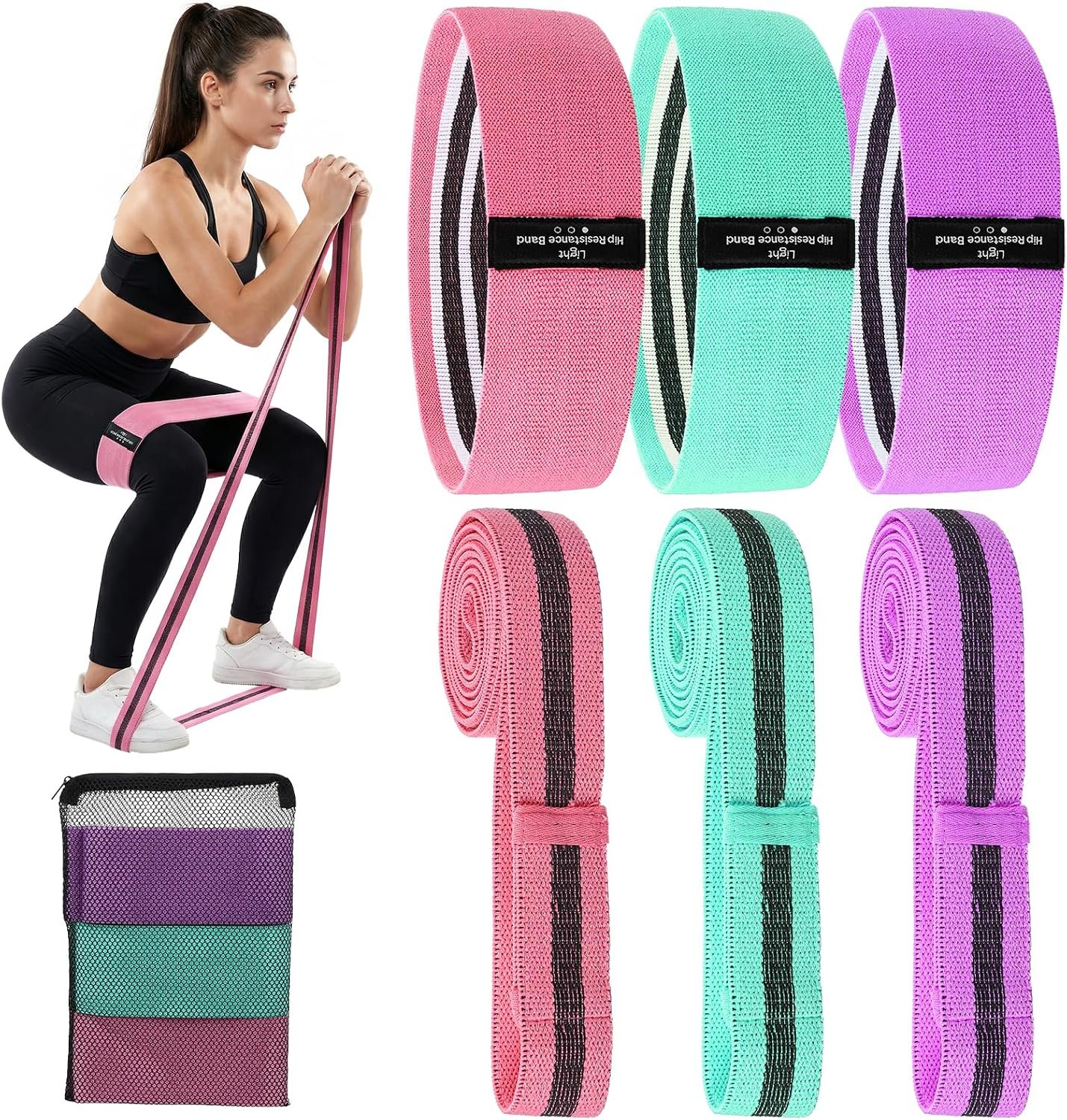 6 Pcs Fabric Resistance Bands for Working Out Non-Slip Exercise Bands with Booty for Legs and Butt Home Gym Pilates Stretching Men and Women